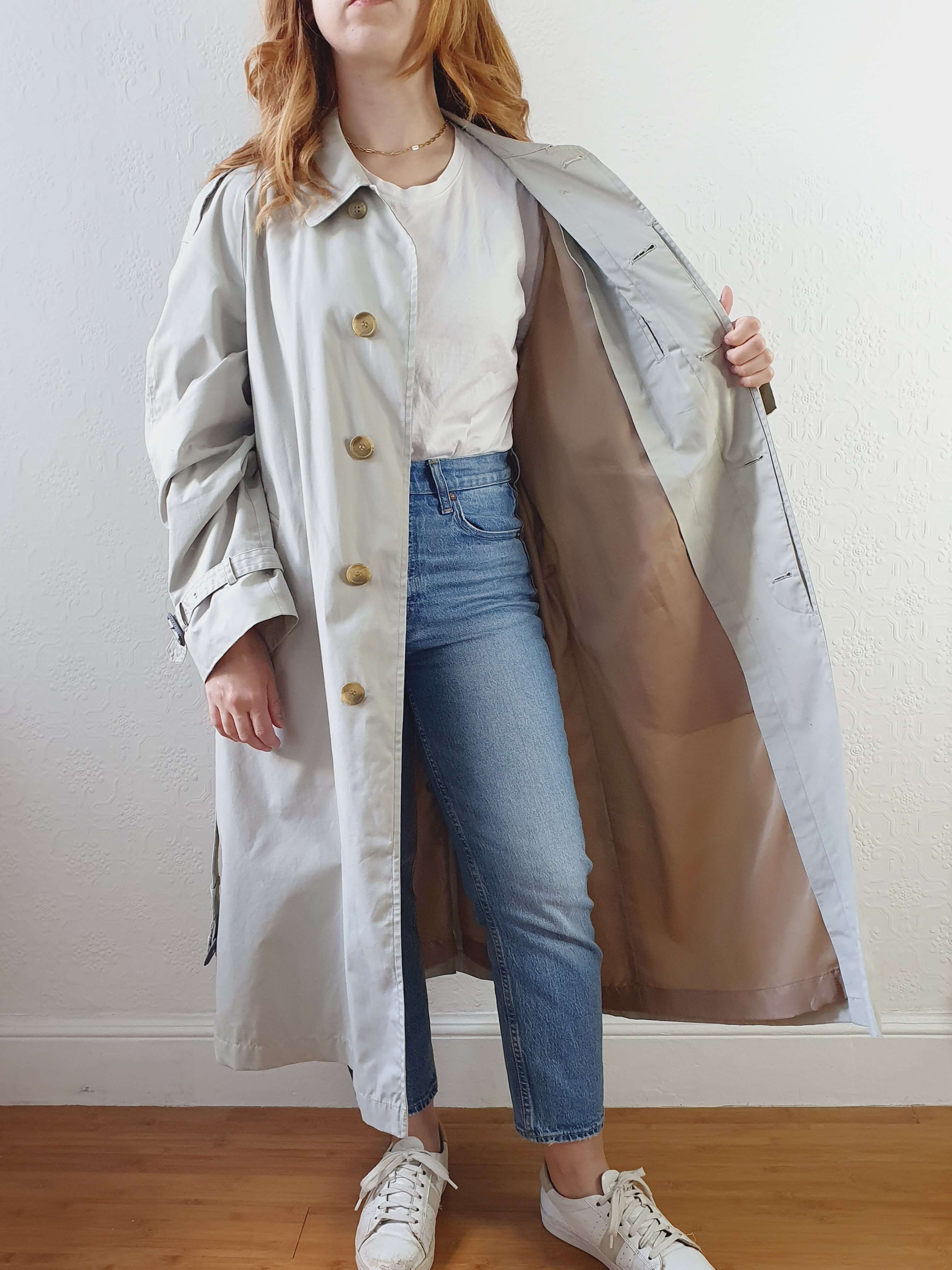 Vintage Grey Beige Single Breasted Trench Coat with Belt - L - Image 8