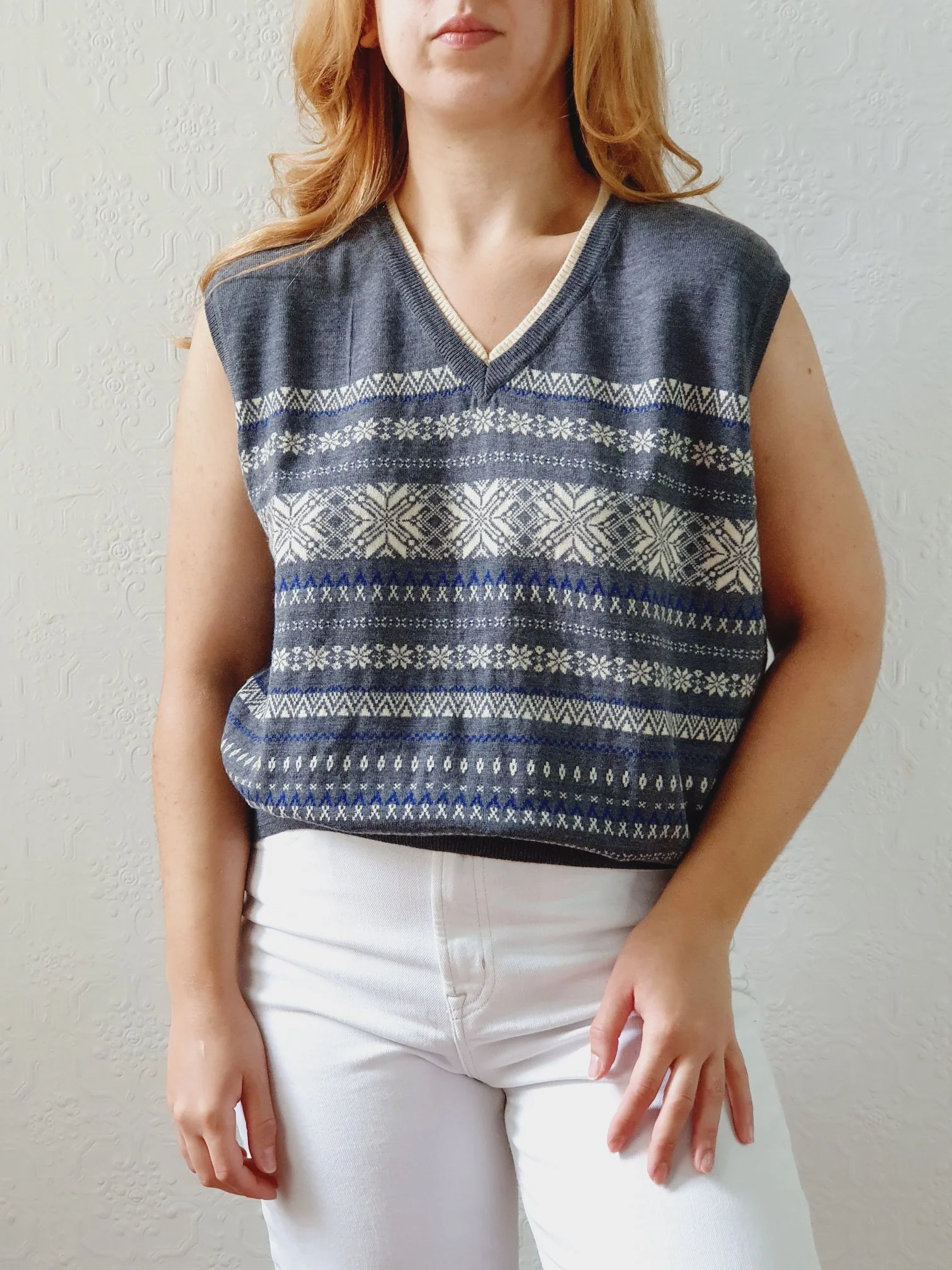Vintage Grey Fairisle Wool V-Neck Vest - M - Image 5