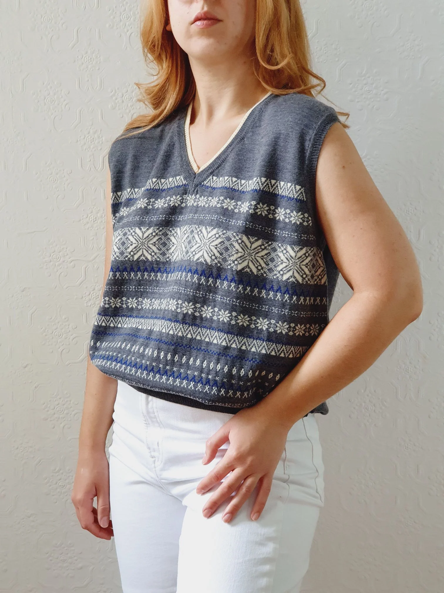 Vintage Grey Fairisle Wool V-Neck Vest - M - Image 6