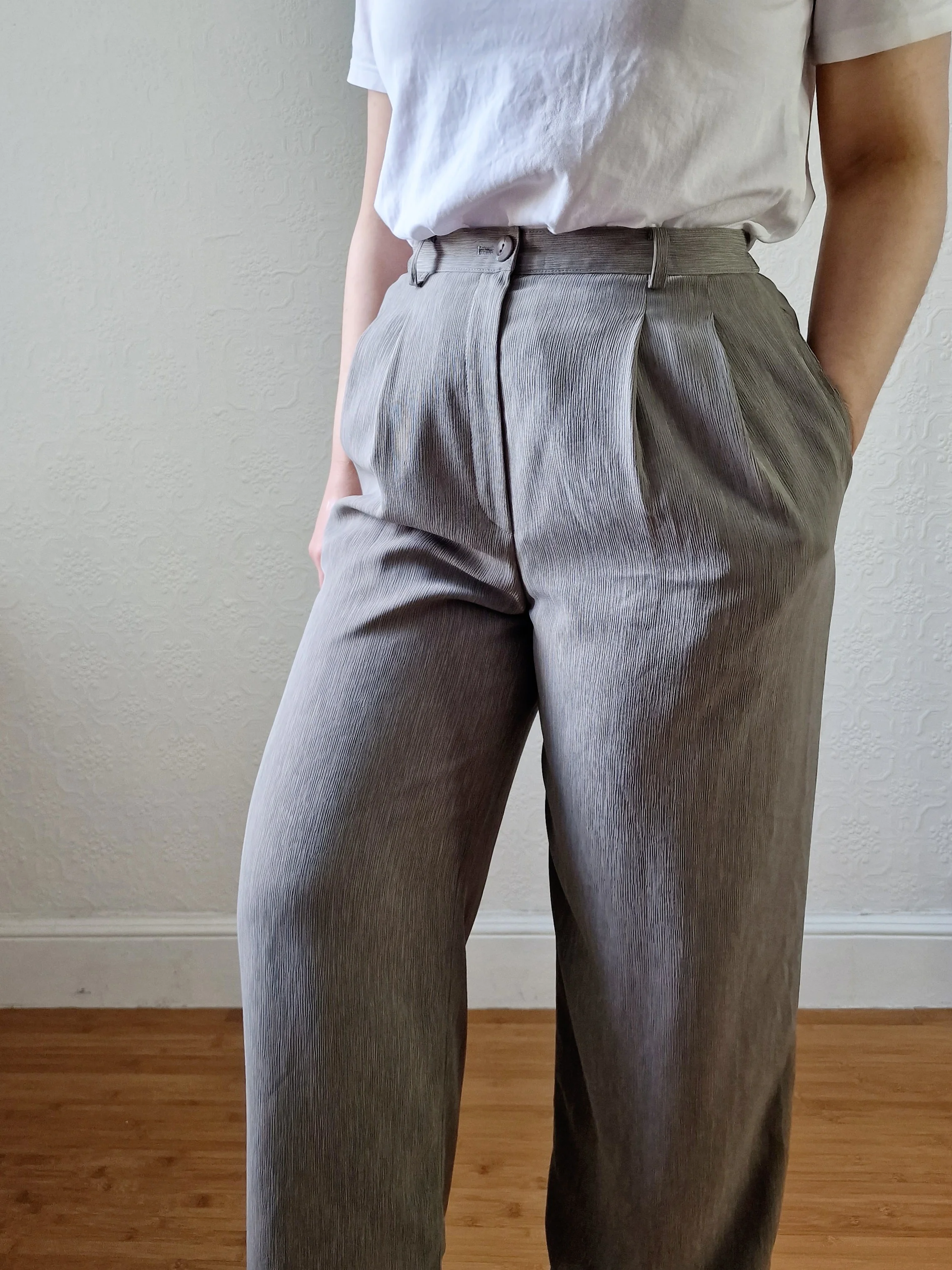 Vintage Grey High Waisted Straight Leg Pleated Trousers - S - Image 2