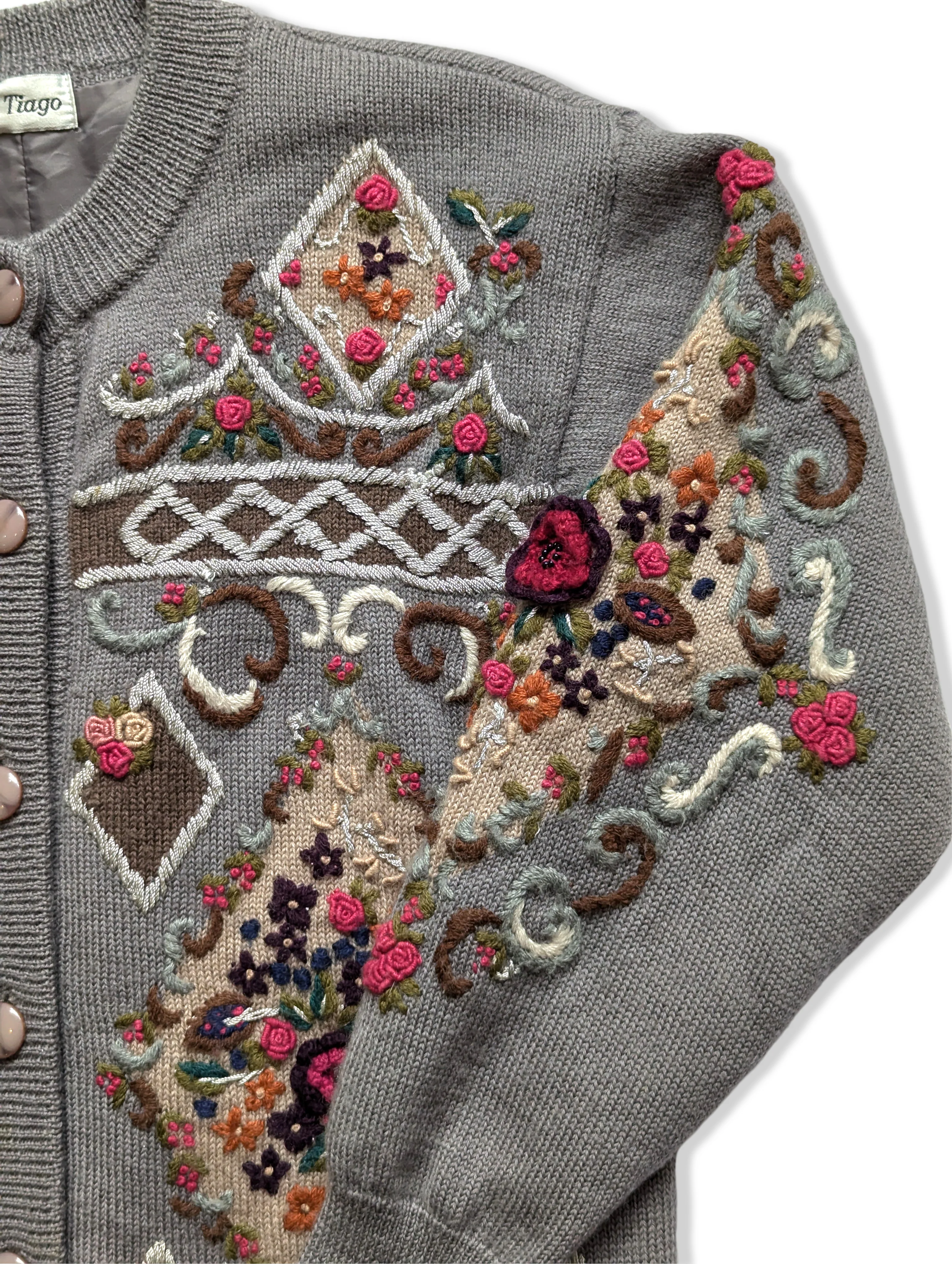 Vintage Grey Lilac Pure Wool Embroidered Button Up Knitted Cardigan - M - Image 3
