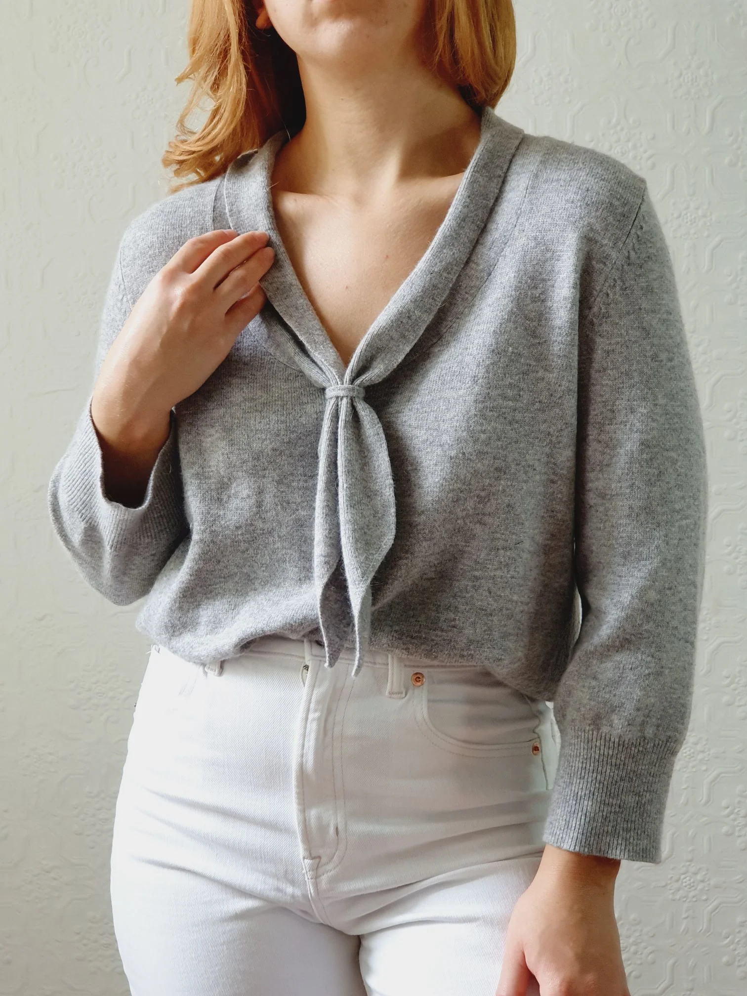 Vintage Grey Marl Lambswool & Cashmere Tie Collar Jumper - M