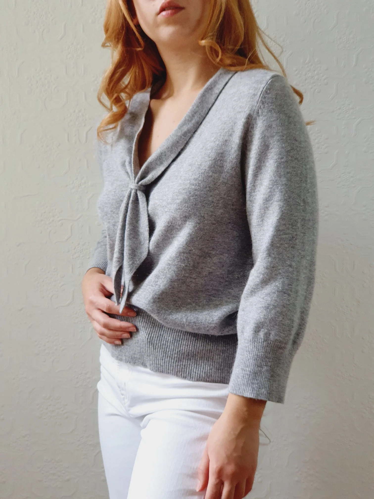 Vintage Grey Marl Lambswool & Cashmere Tie Collar Jumper - M - Image 2