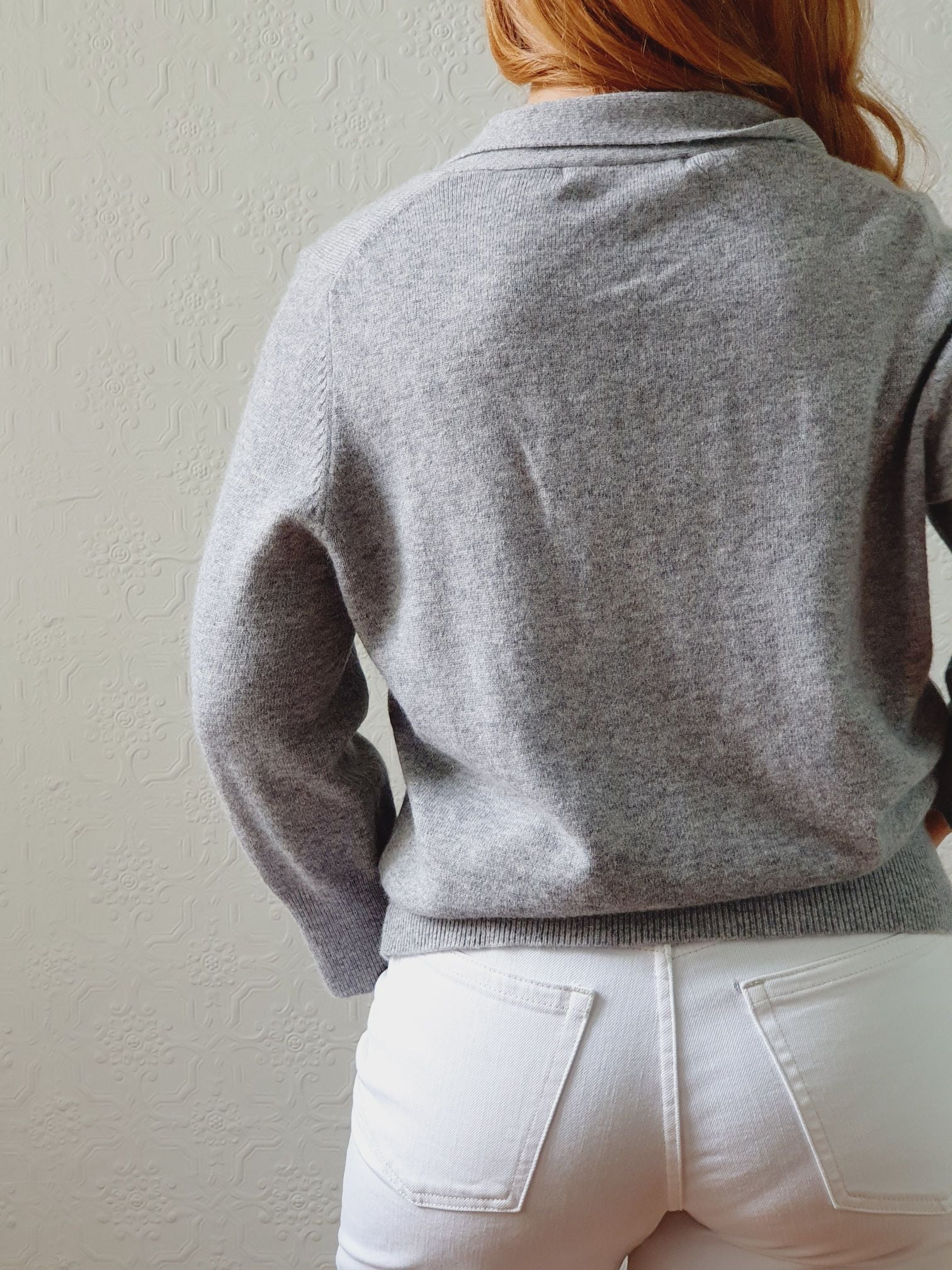 Vintage Grey Marl Lambswool & Cashmere Tie Collar Jumper - M - Image 3