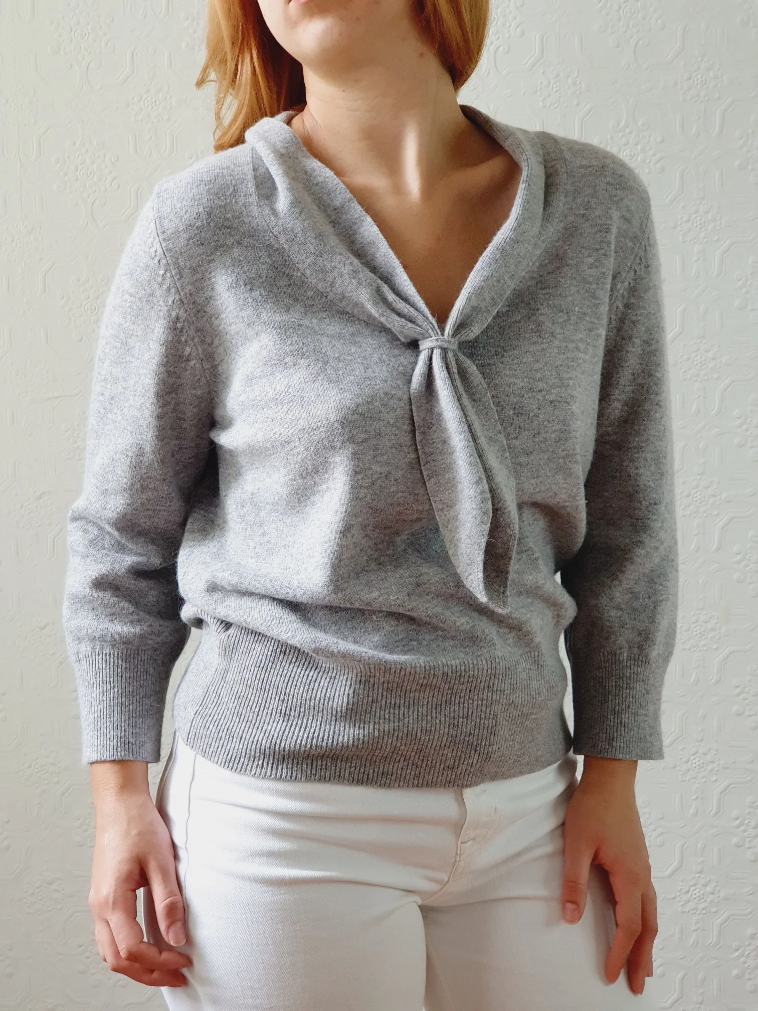 Vintage Grey Marl Lambswool & Cashmere Tie Collar Jumper - M - Image 4