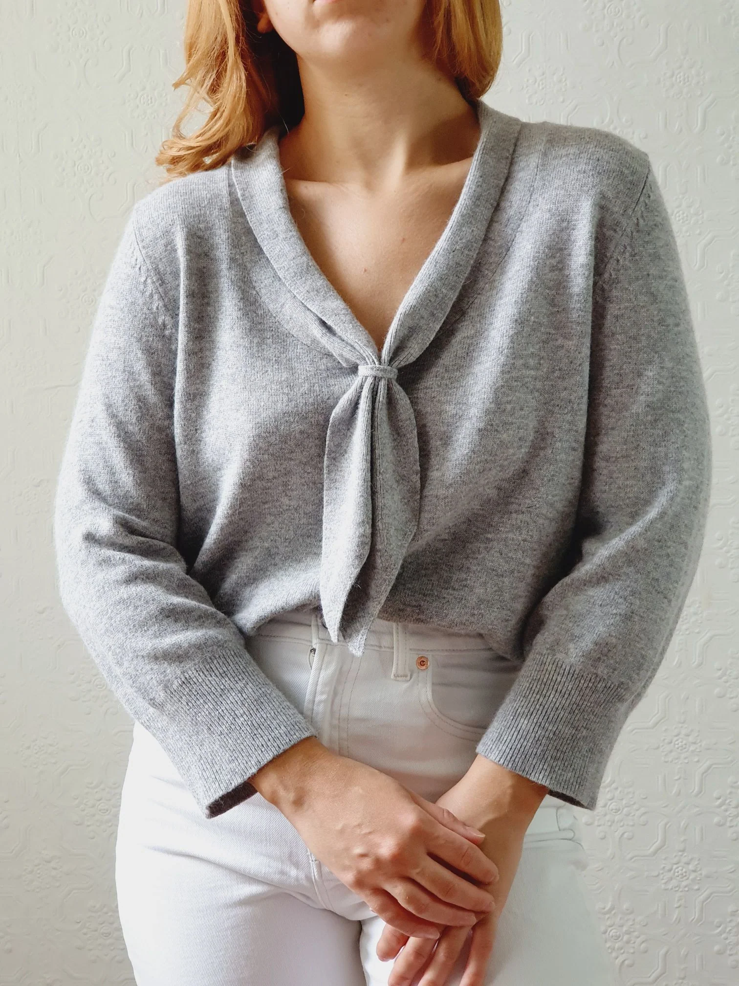 Vintage Grey Marl Lambswool & Cashmere Tie Collar Jumper - M - Image 5