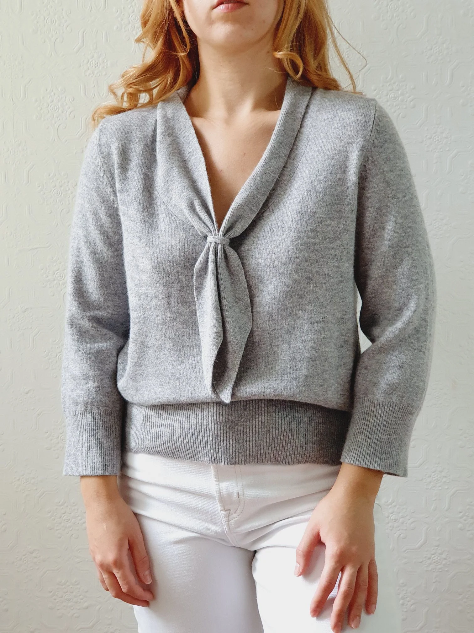 Vintage Grey Marl Lambswool & Cashmere Tie Collar Jumper - M - Image 6