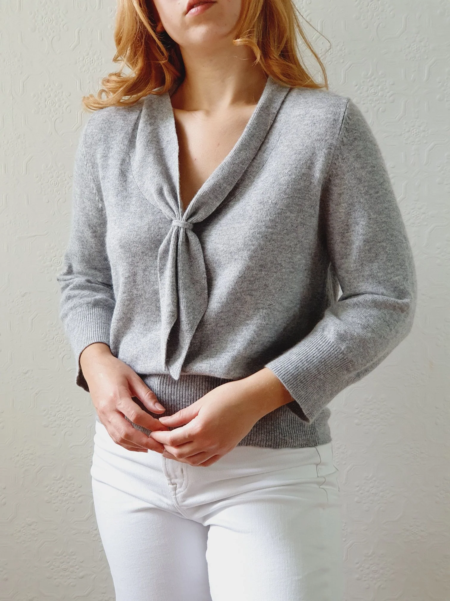 Vintage Grey Marl Lambswool & Cashmere Tie Collar Jumper - M - Image 7