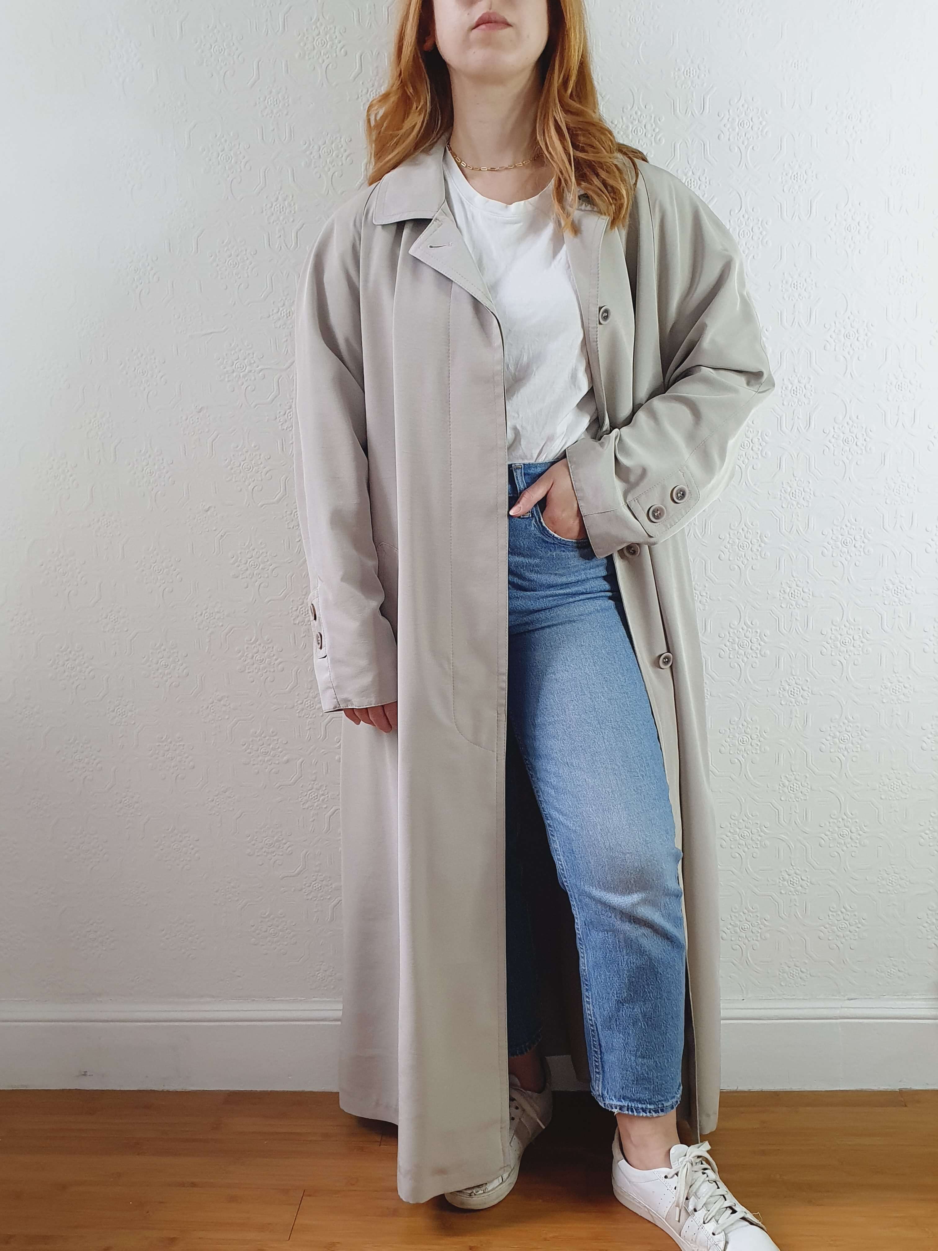 Vintage Grey Single Breasted Long Trench Coat - L - Image 5
