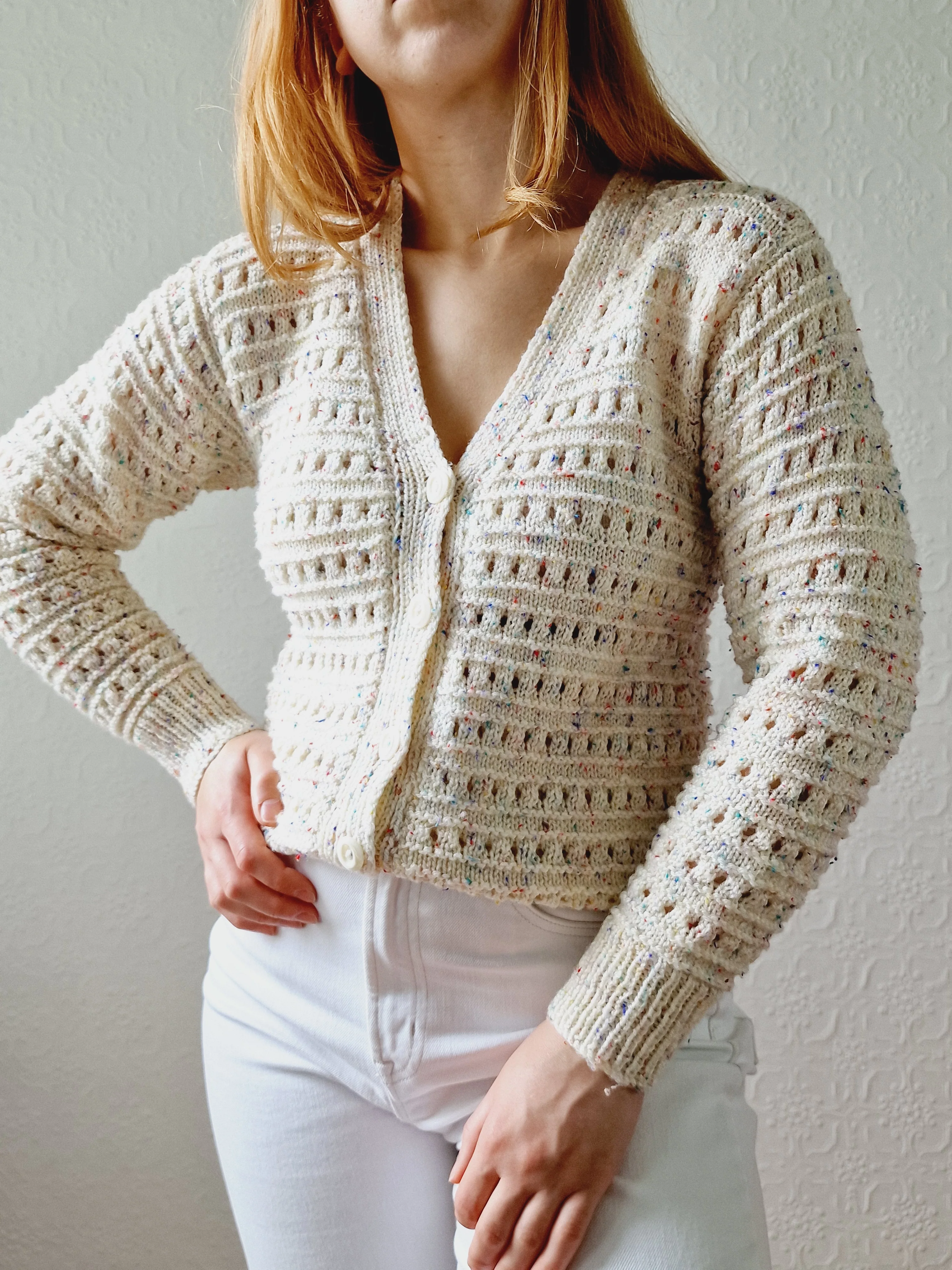 Vintage Handknitted Cream V-Neck Cardigan with Multicoloured Flecks - XS/S - Image 3