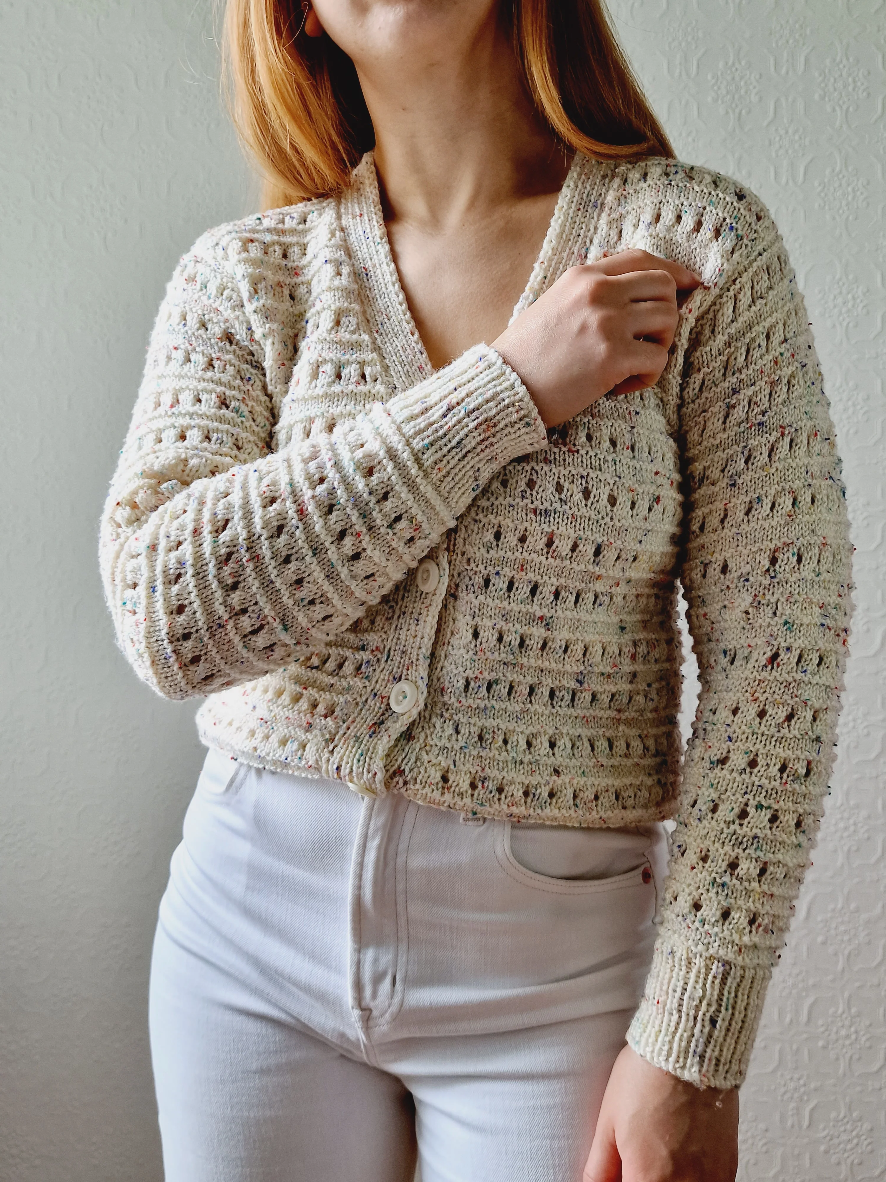 Vintage Handknitted Cream V-Neck Cardigan with Multicoloured Flecks - XS/S - Image 5
