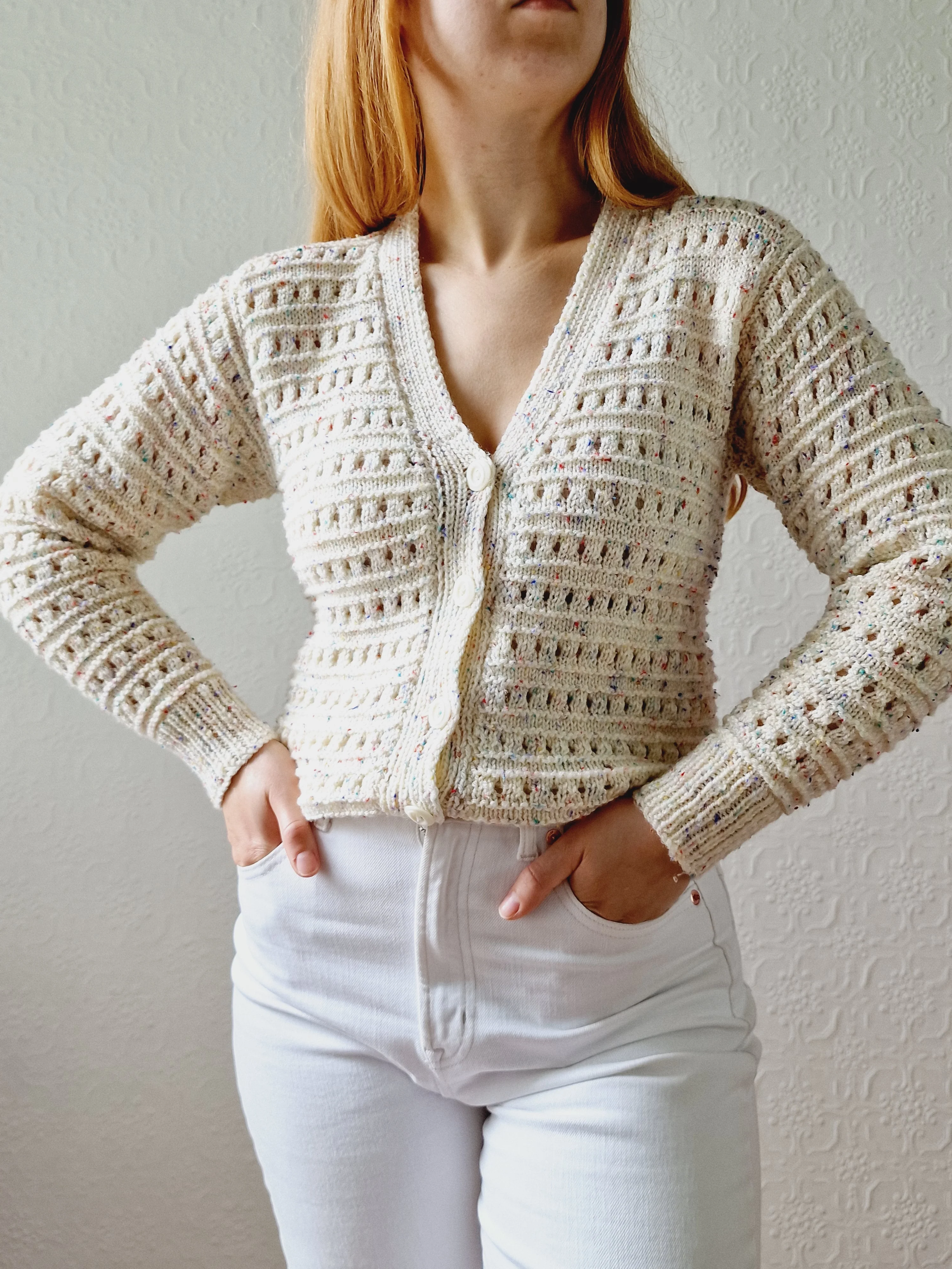 Vintage Handknitted Cream V-Neck Cardigan with Multicoloured Flecks - XS/S - Image 6