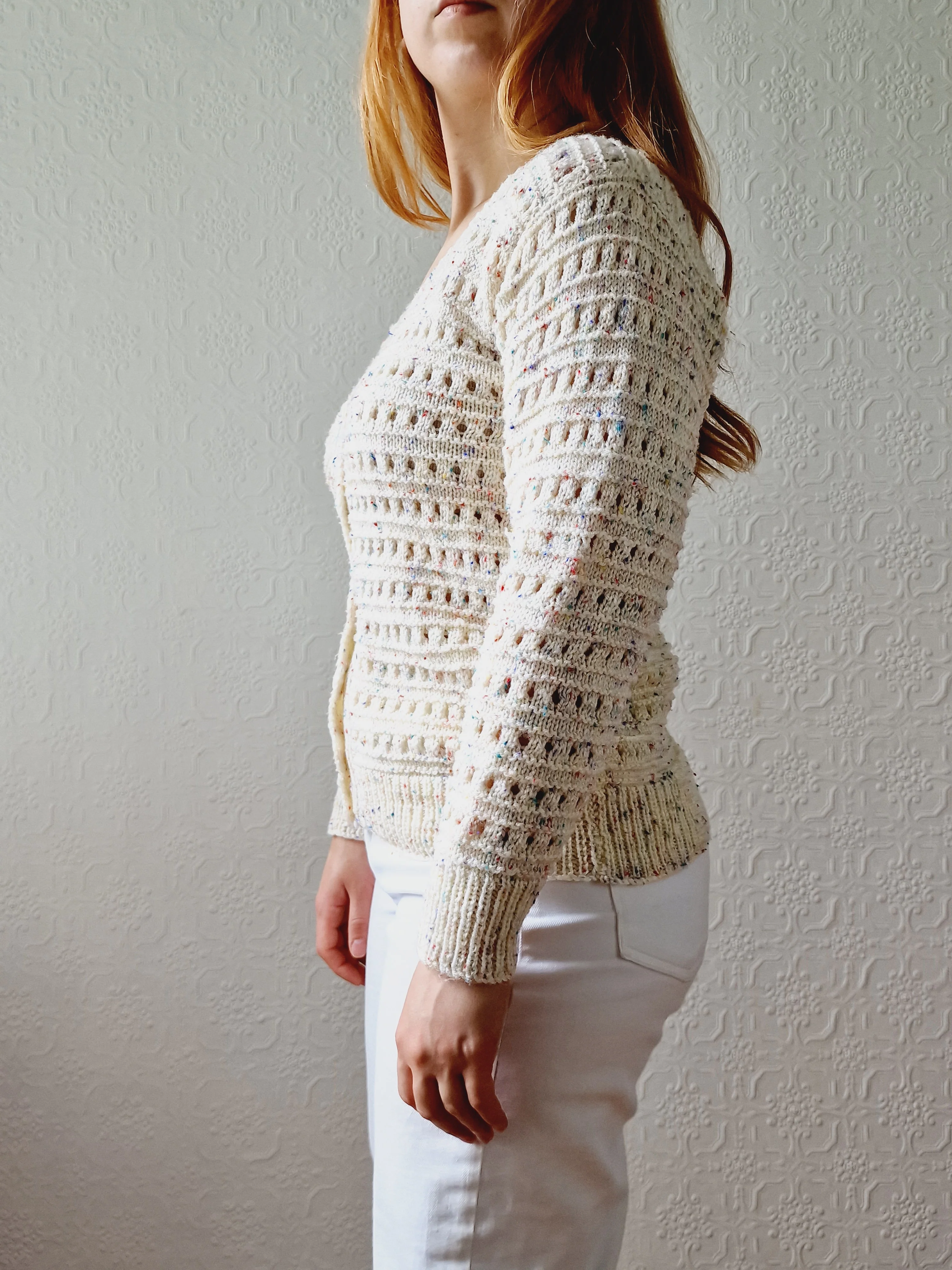 Vintage Handknitted Cream V-Neck Cardigan with Multicoloured Flecks - XS/S - Image 7