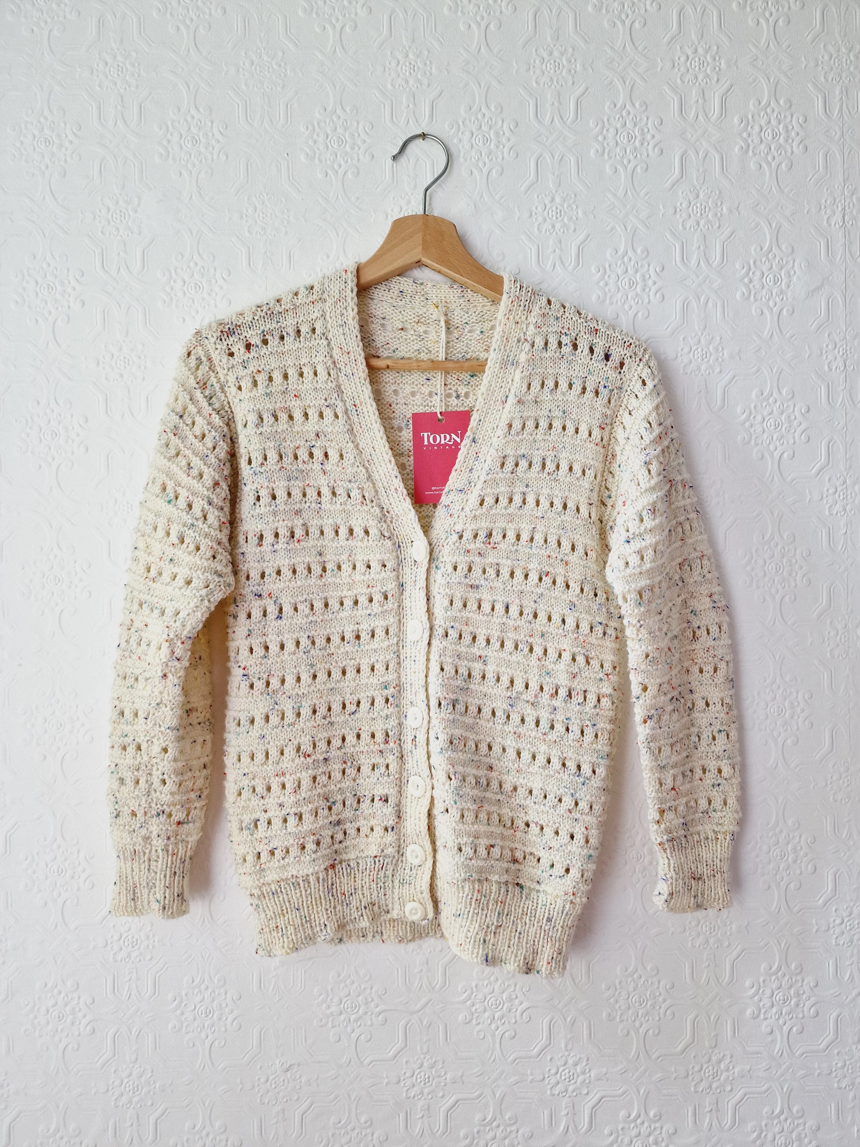 Vintage Handknitted Cream V-Neck Cardigan with Multicoloured Flecks - XS/S - Image 8