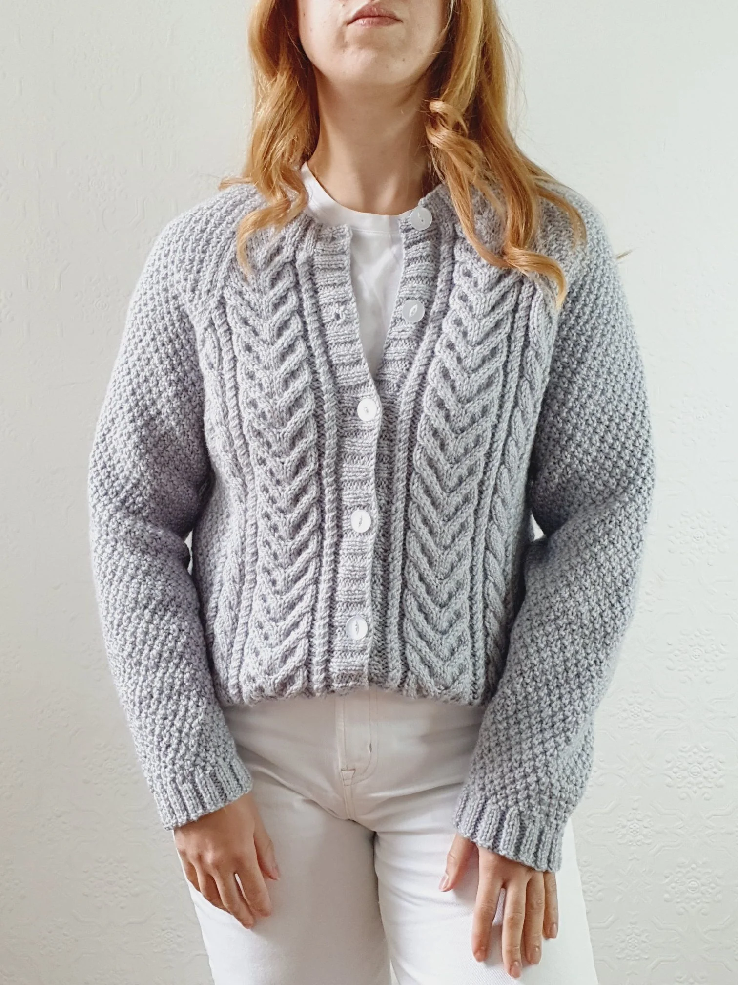 Vintage Handknitted Light Grey Aran Cardigan - S - Image 2