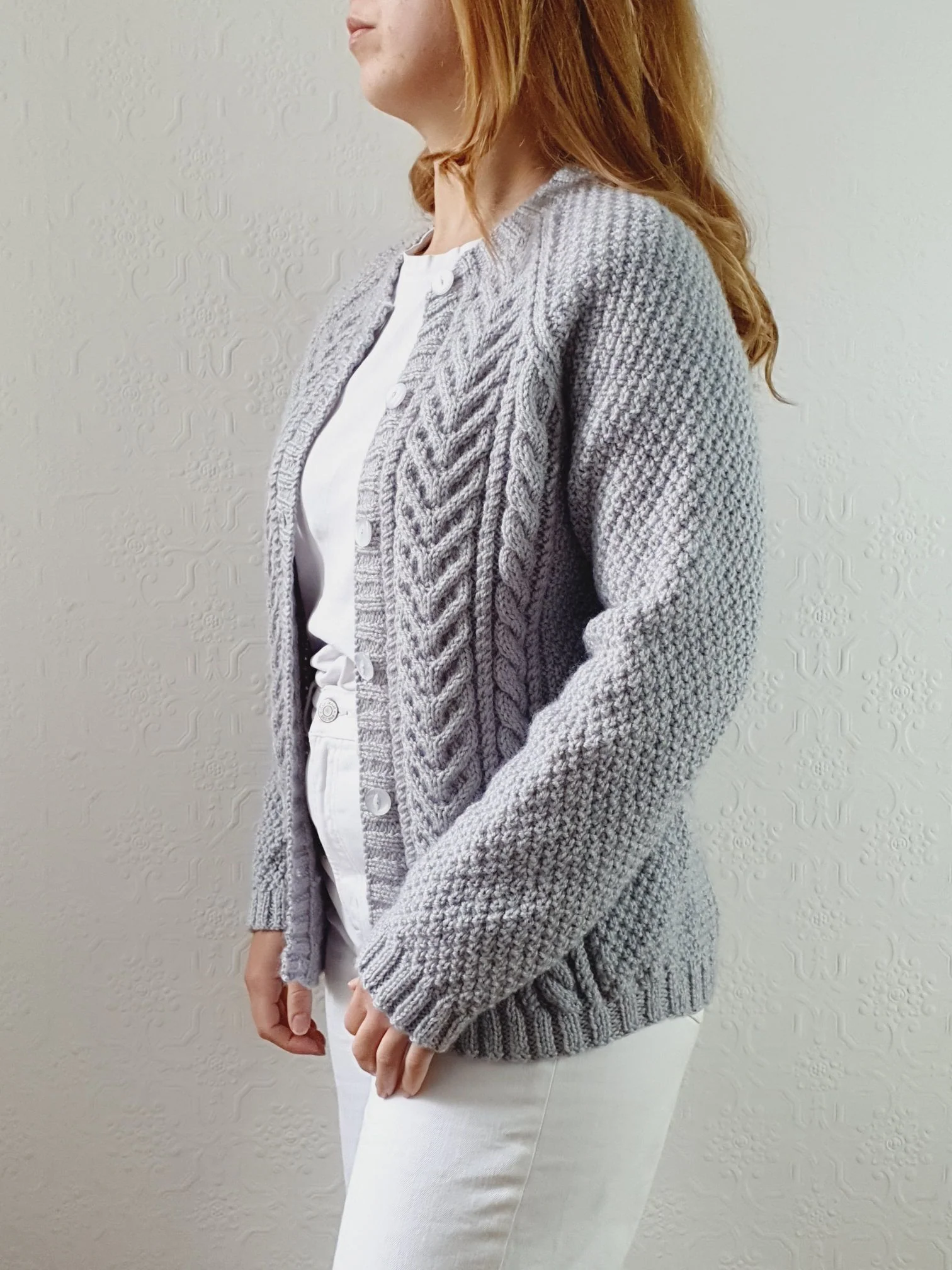 Vintage Handknitted Light Grey Aran Cardigan - S - Image 7