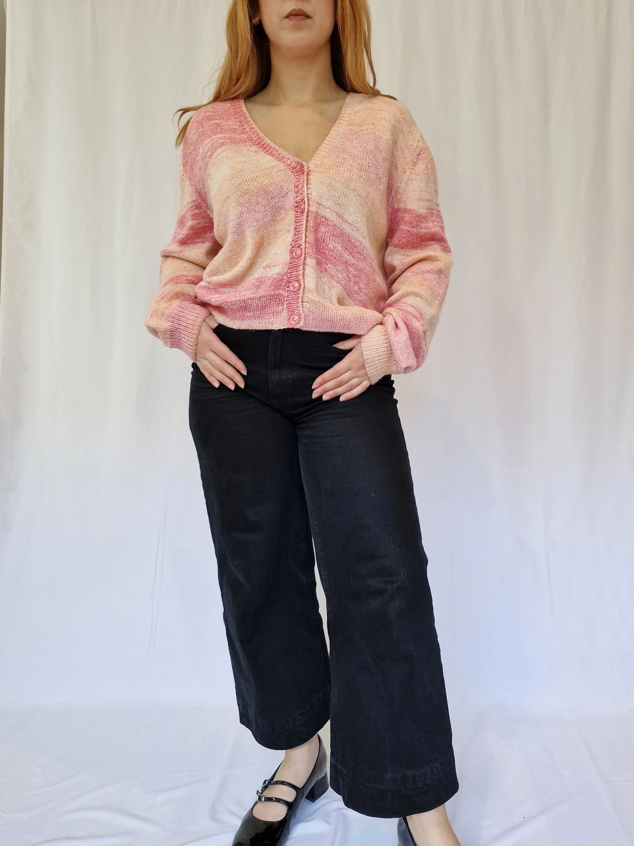 Vintage Handknitted Ombre Pink V-Neck Cardigan - XL/XXL - Image 4
