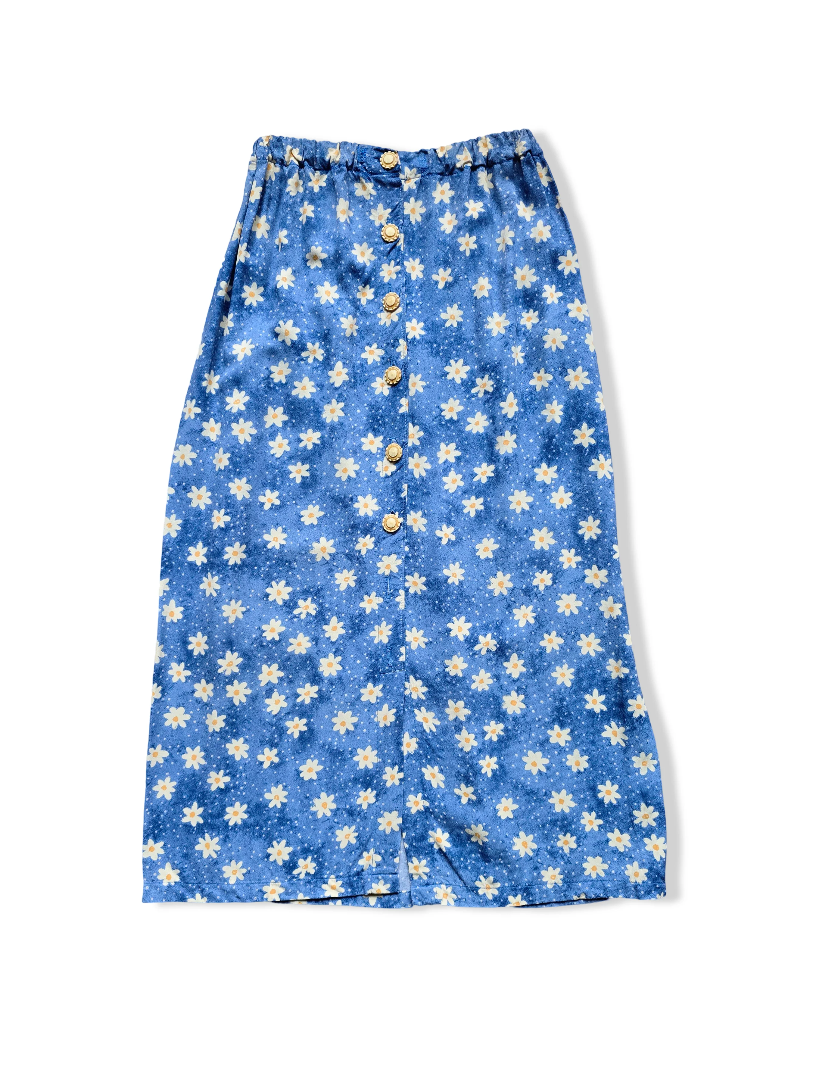 Vintage Handmade Blue and Yellow Floral Print Midi Skirt - S/M