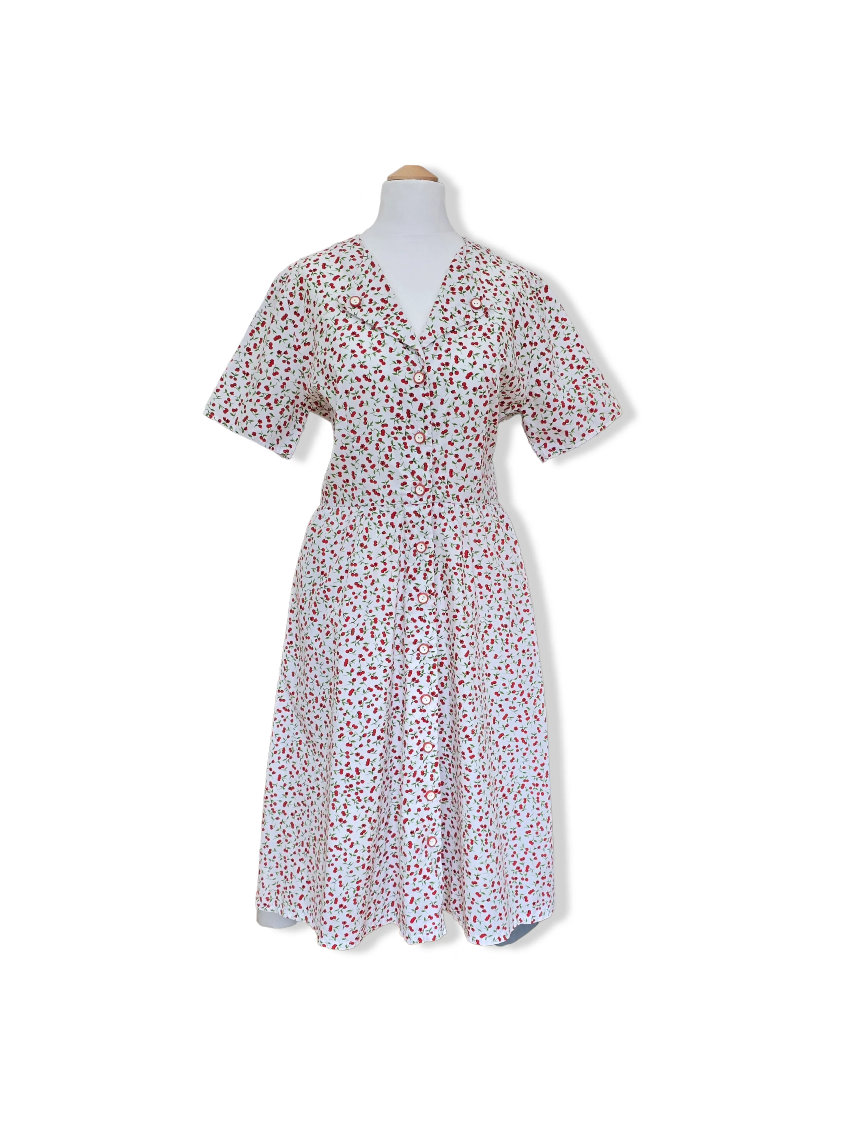 Vintage Handmade Cherry Print Button Down A-Line Midi Dress - L