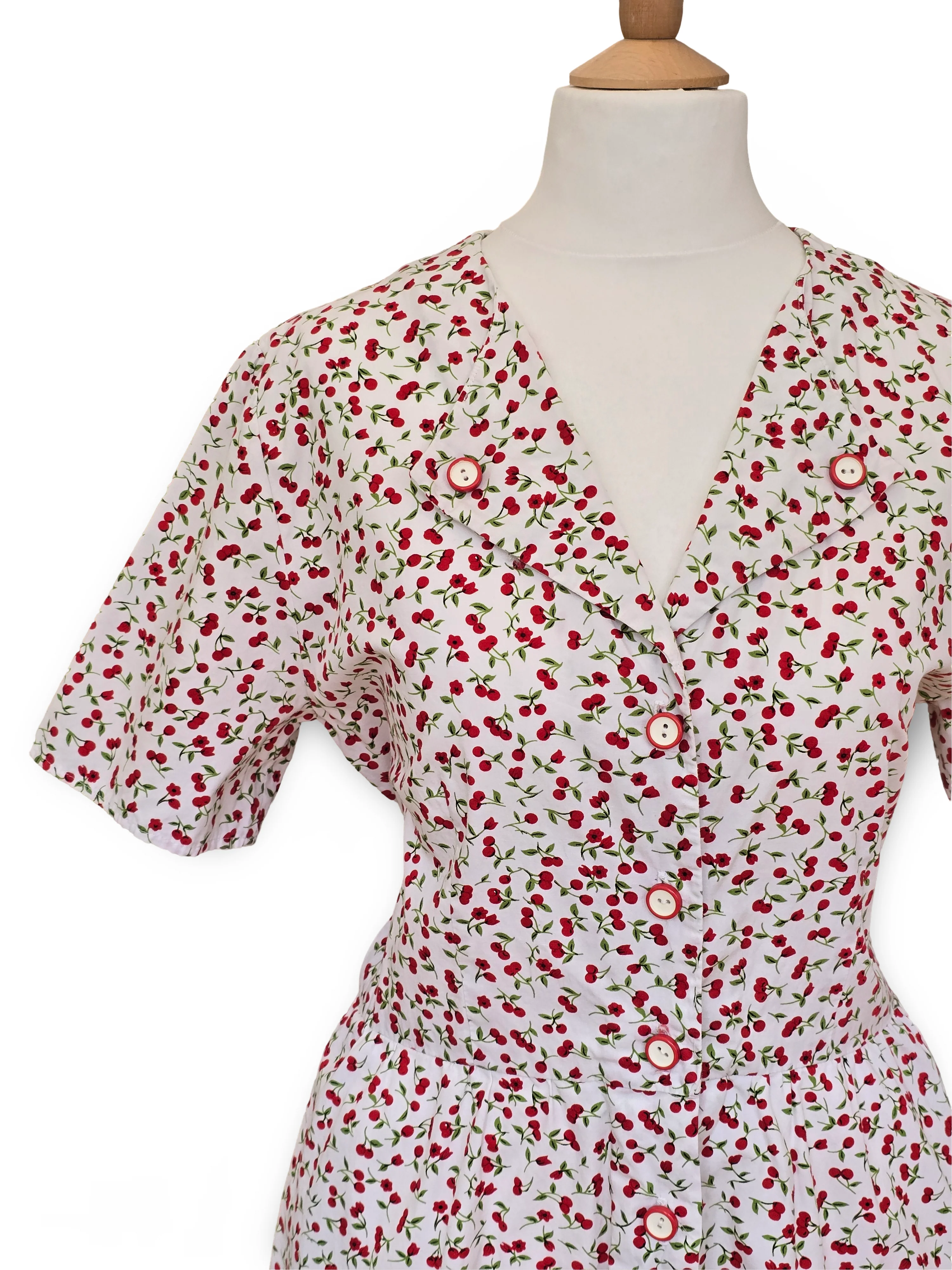 Vintage Handmade Cherry Print Button Down A-Line Midi Dress - L - Image 4