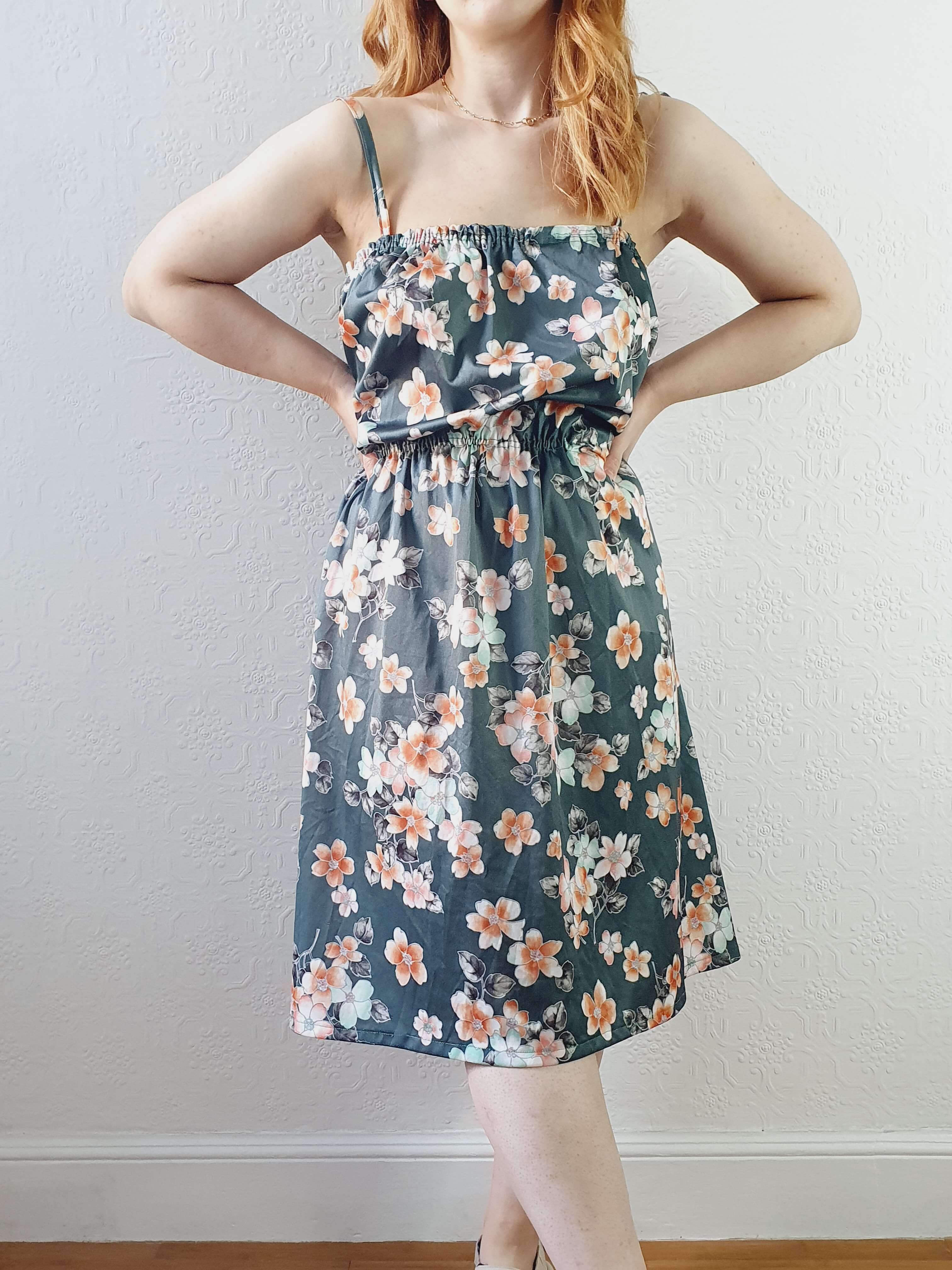 Vintage Handmade Green Floral Spaghetti Strap Dress - L/XL - Image 2