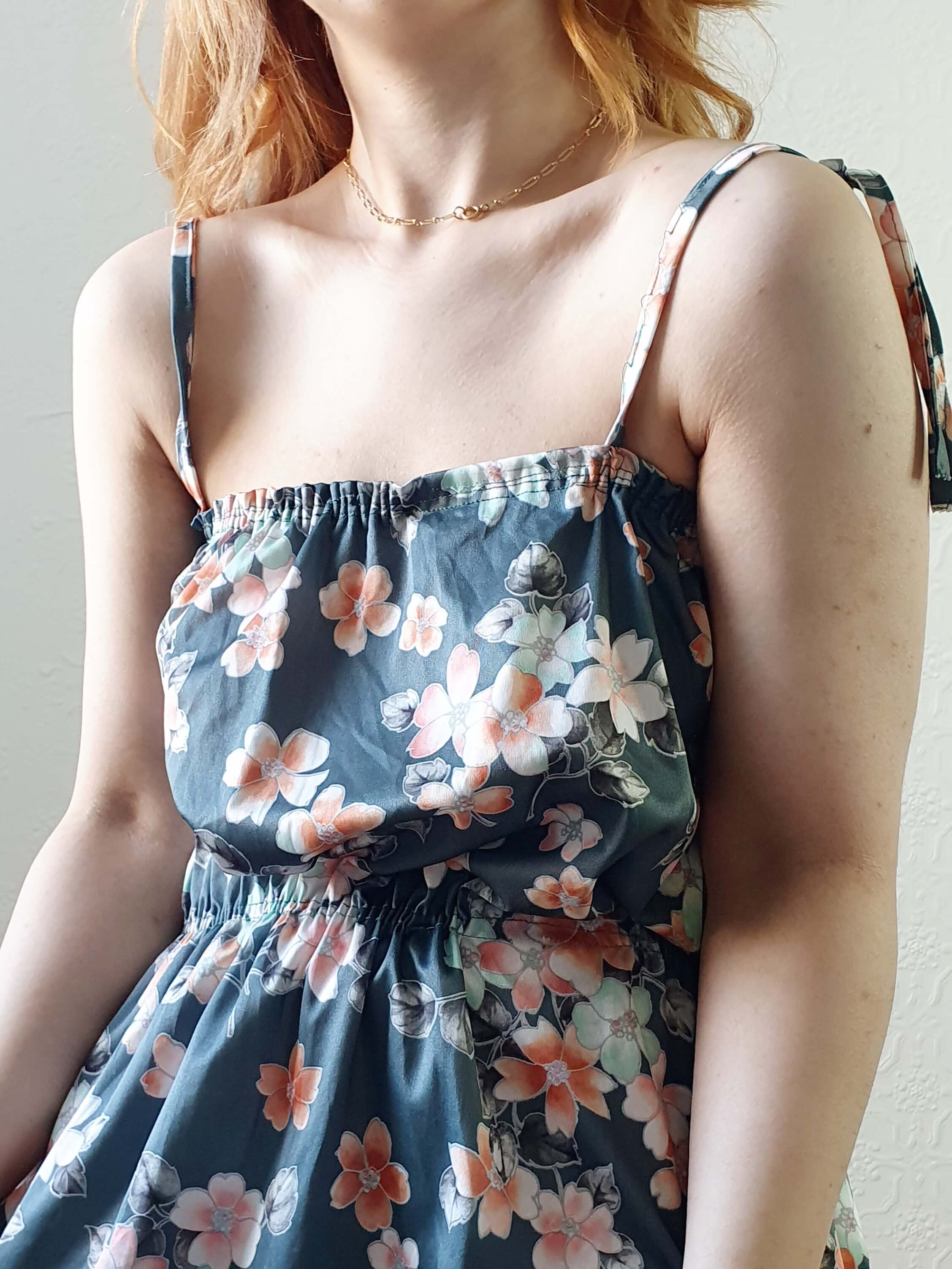 Vintage Handmade Green Floral Spaghetti Strap Dress - L/XL - Image 3