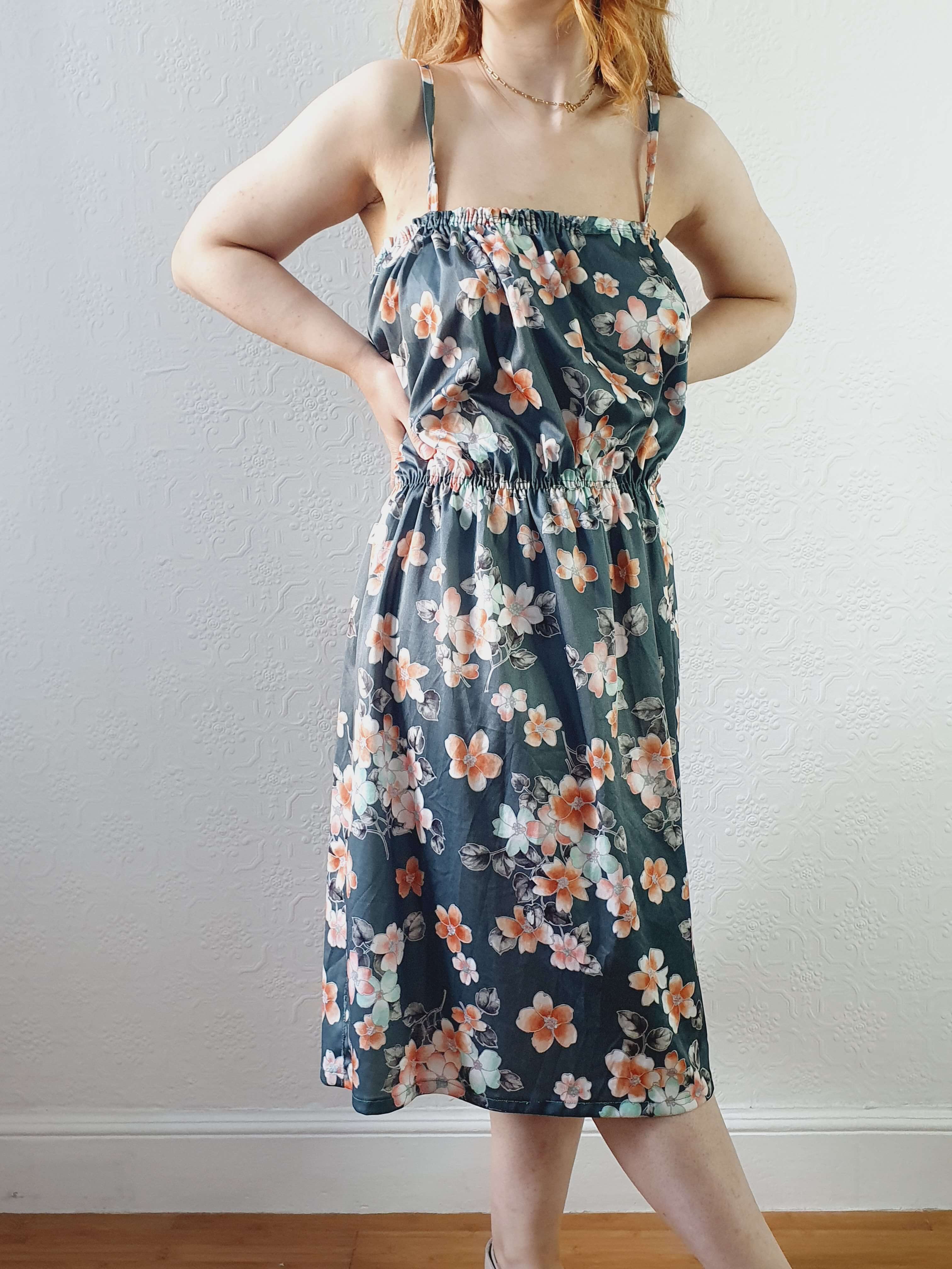Vintage Handmade Green Floral Spaghetti Strap Dress - L/XL - Image 4