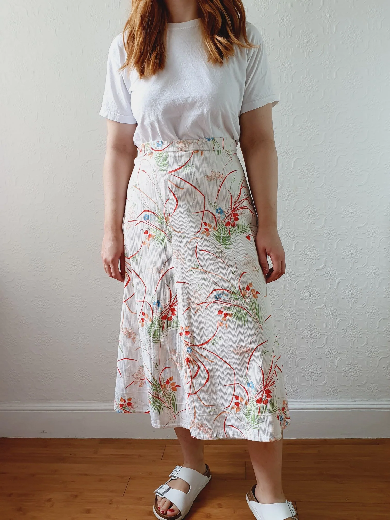 Vintage Handmade White & Red Floral A-line Skirt - M