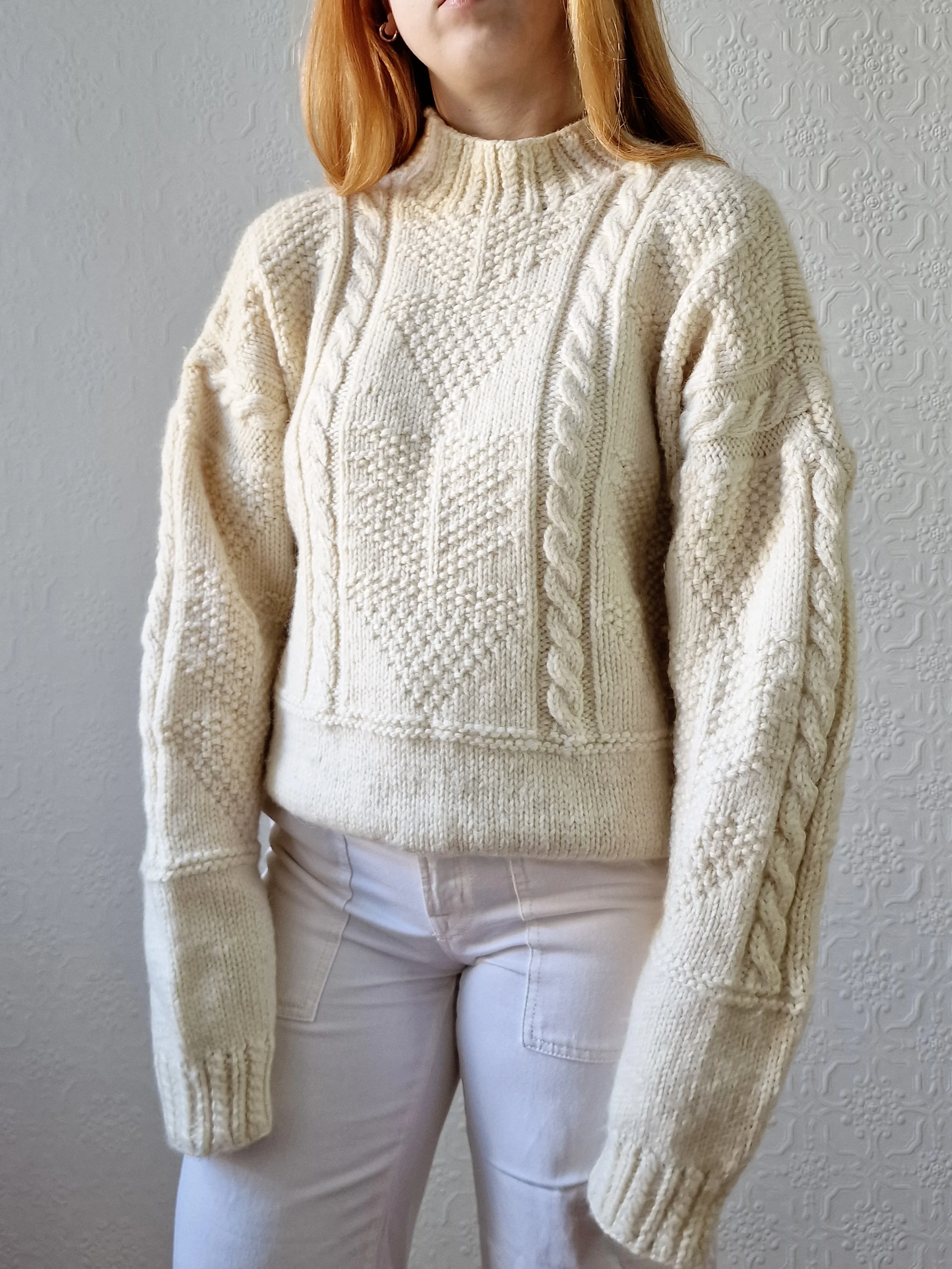 Vintage High Neck Cream Wool Thick Aran Jumper - L - Image 2
