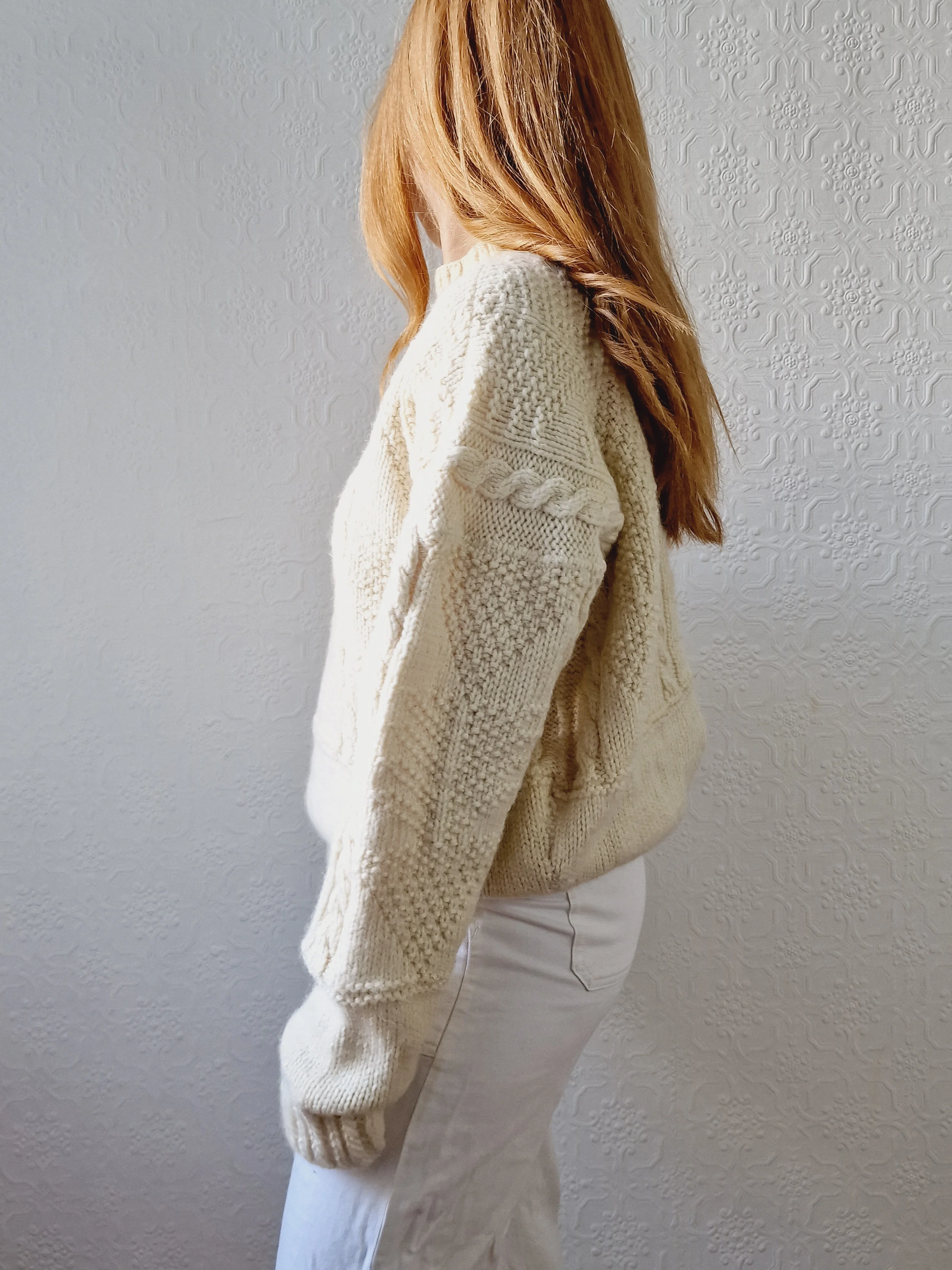 Vintage High Neck Cream Wool Thick Aran Jumper - L - Image 3