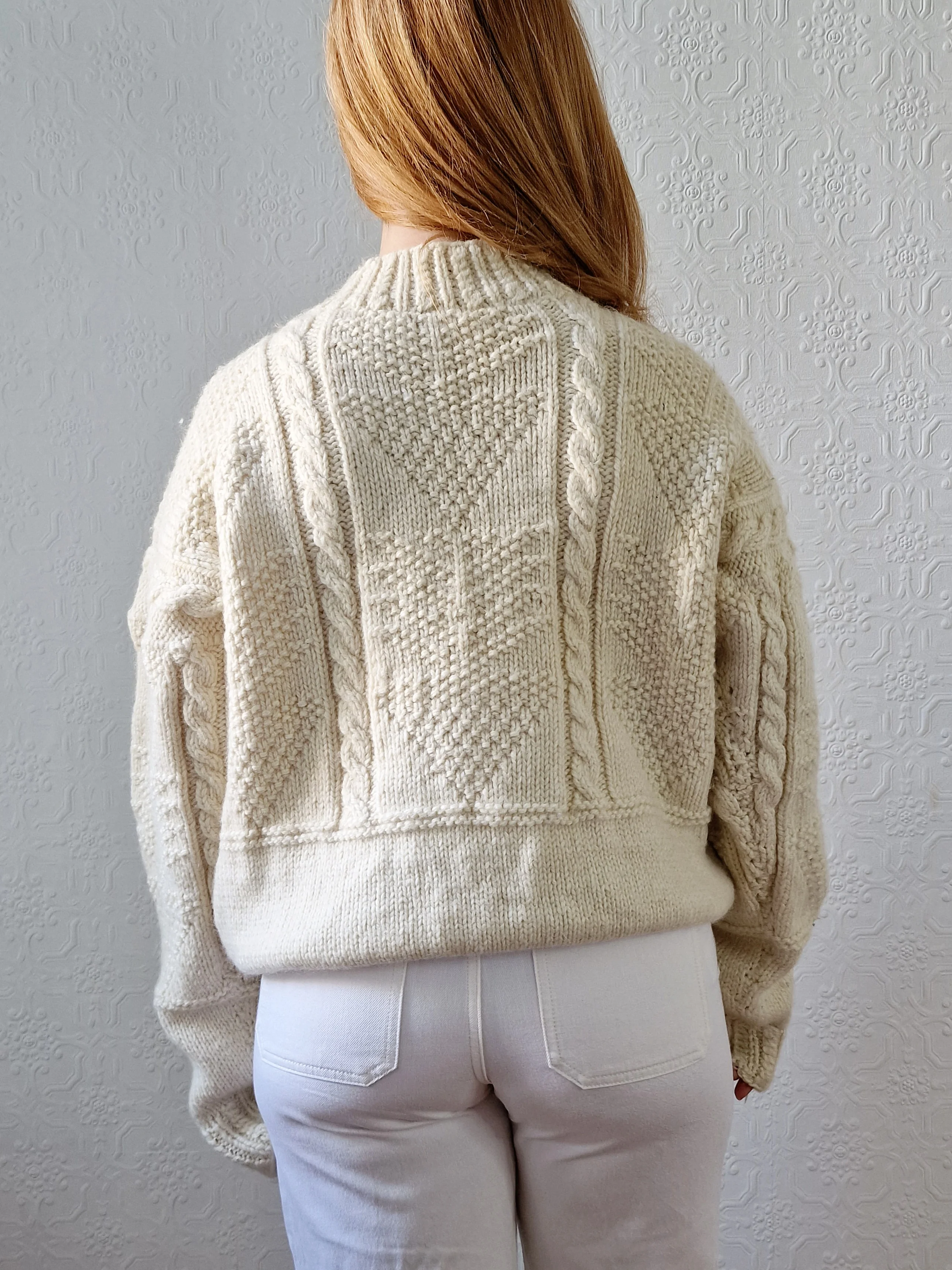 Vintage High Neck Cream Wool Thick Aran Jumper - L - Image 4