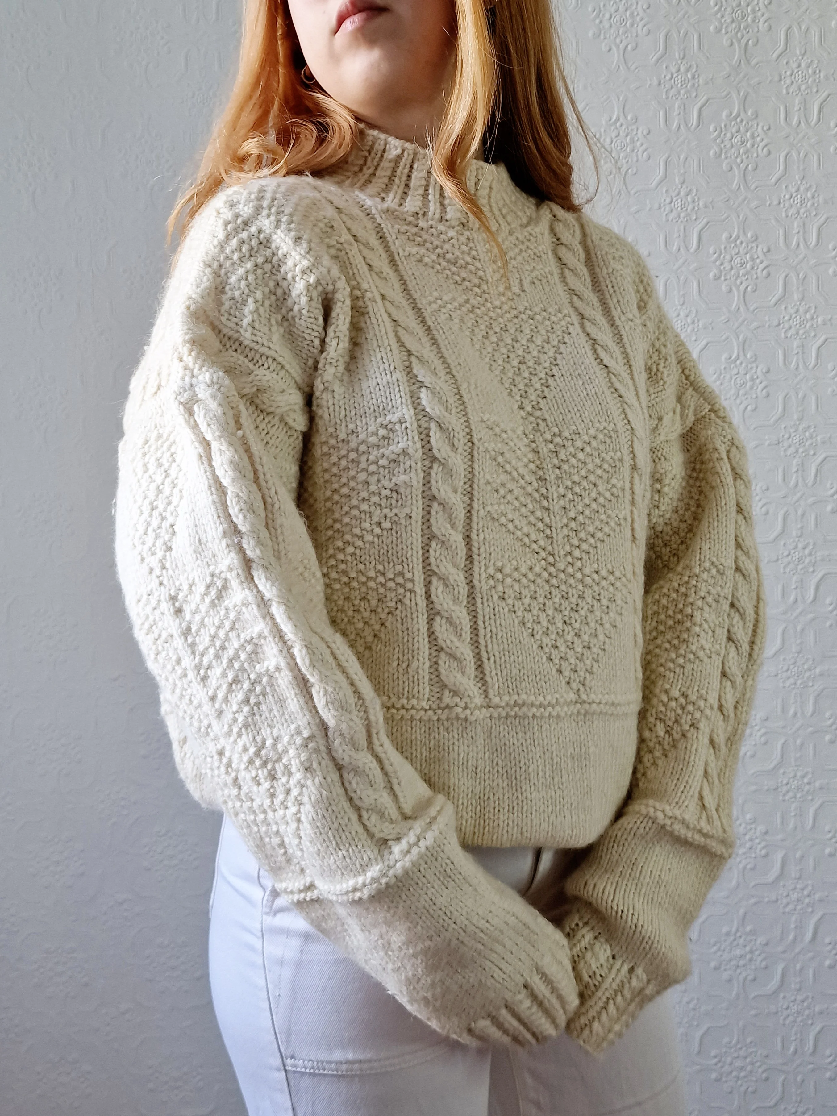 Vintage High Neck Cream Wool Thick Aran Jumper - L - Image 5