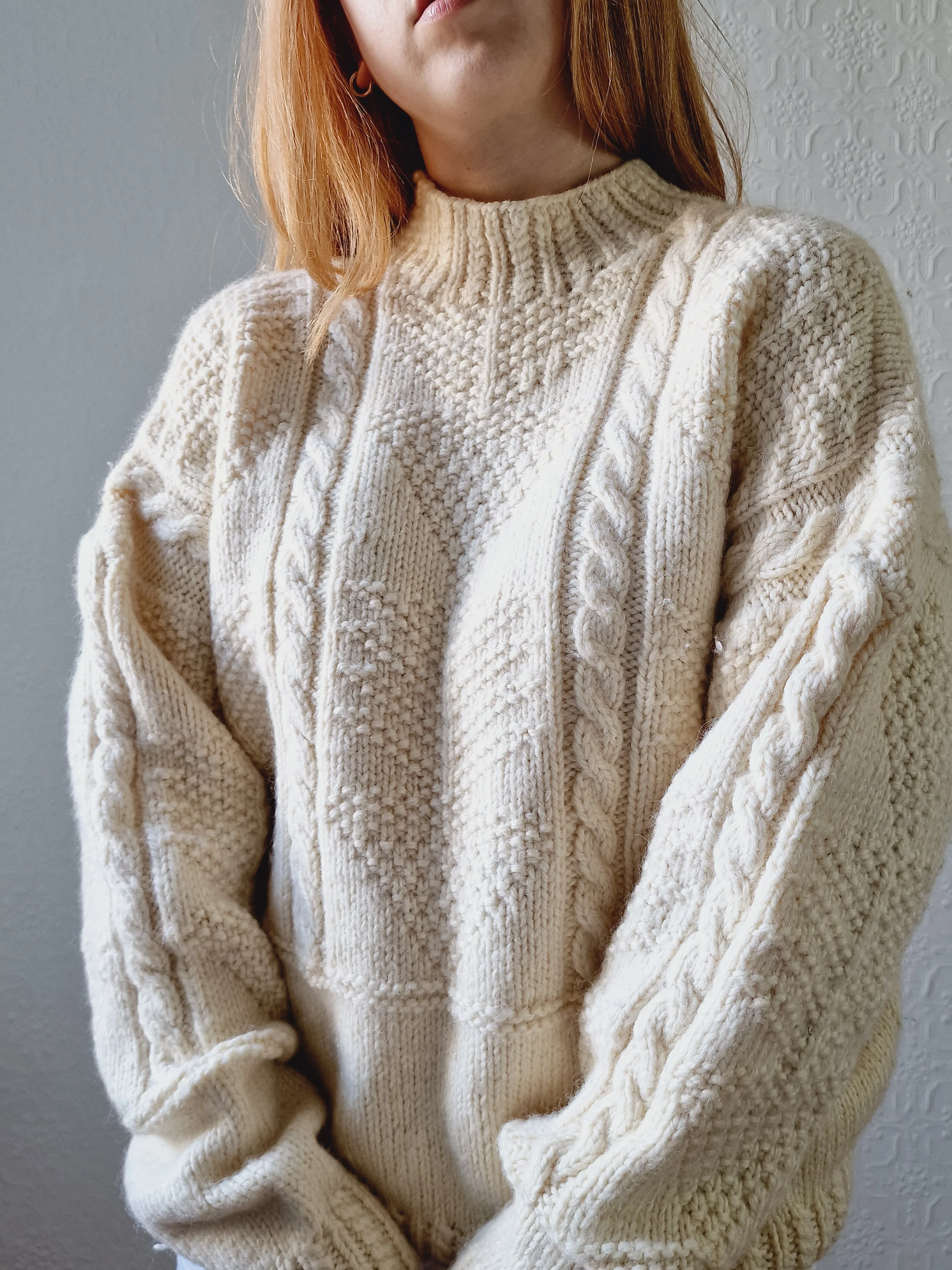 Vintage High Neck Cream Wool Thick Aran Jumper - L - Image 6