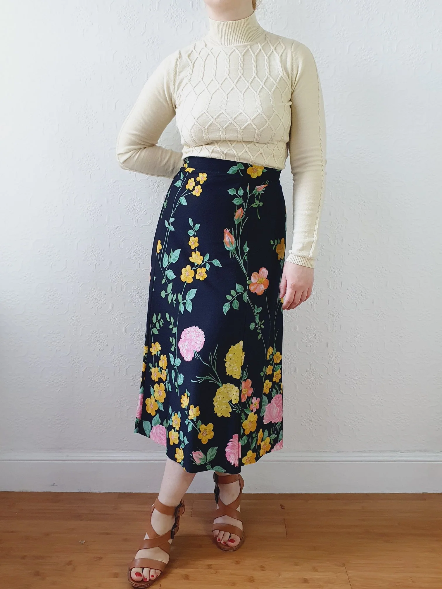 Vintage High Waisted A-Line Black Floral Skirt - L - Image 8