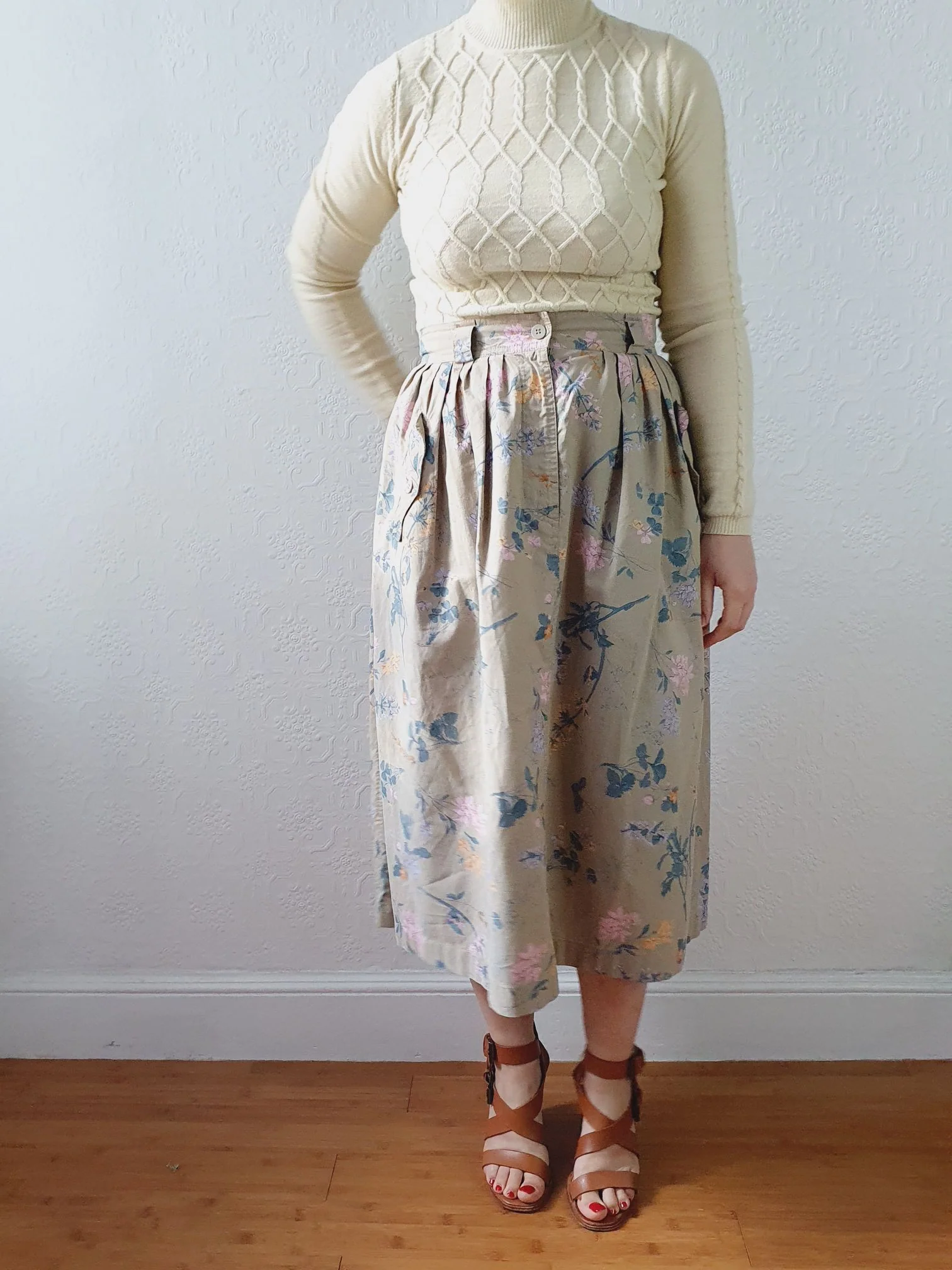 Vintage High Waisted A-Line Khaki Floral Skirt by Mondi - M/L - Image 11