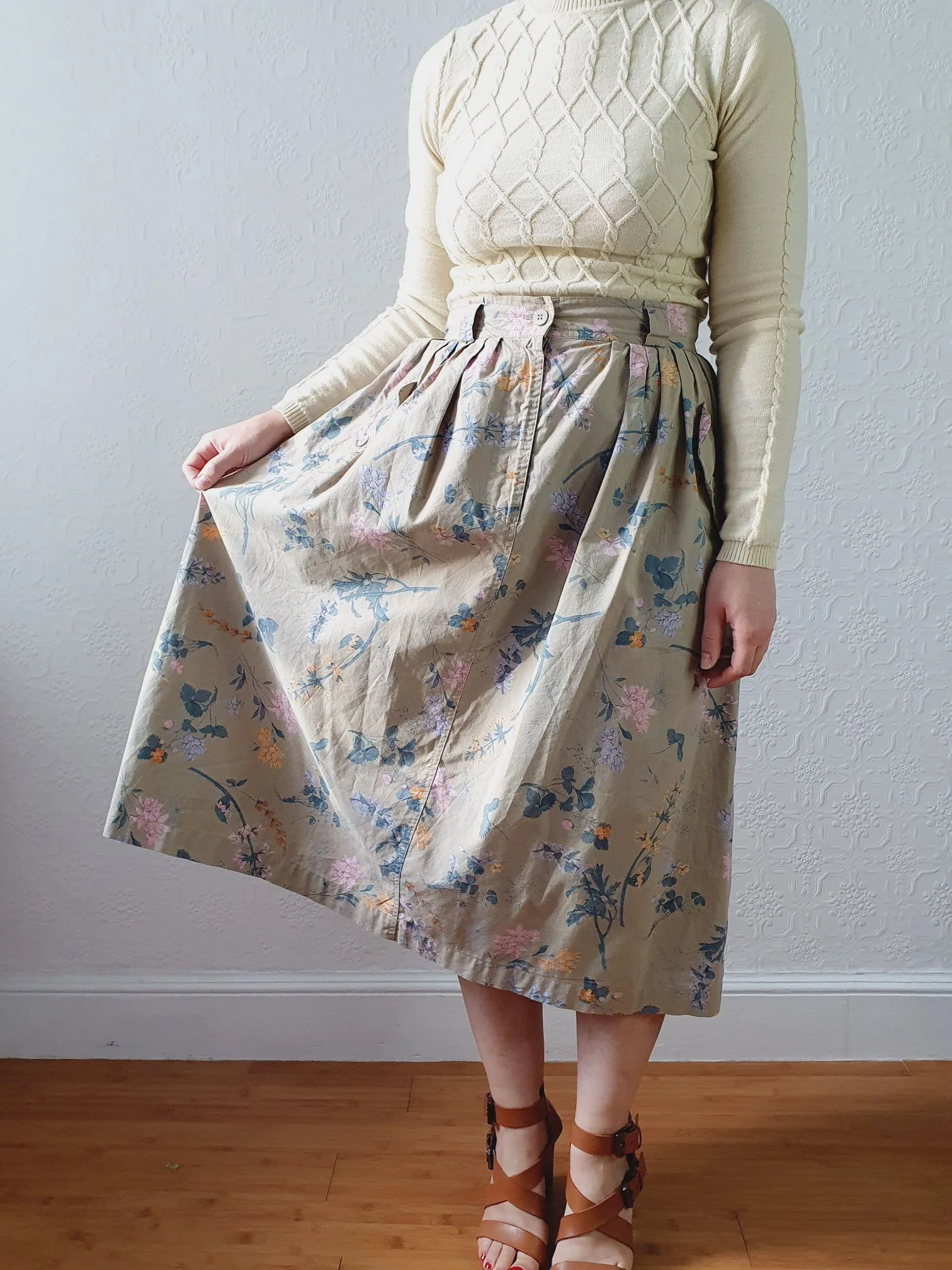 Vintage High Waisted A-Line Khaki Floral Skirt by Mondi - M/L - Image 13