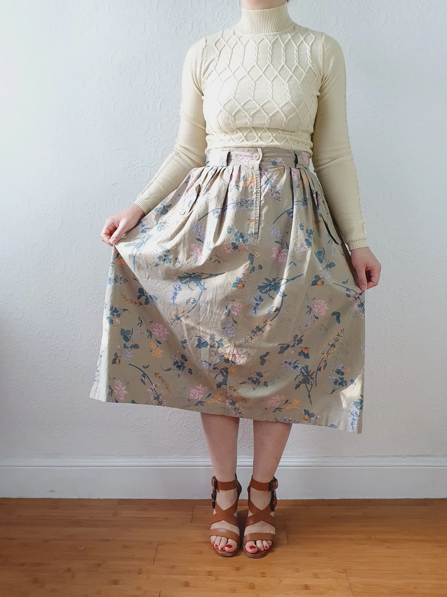 Vintage High Waisted A-Line Khaki Floral Skirt by Mondi - M/L - Image 14