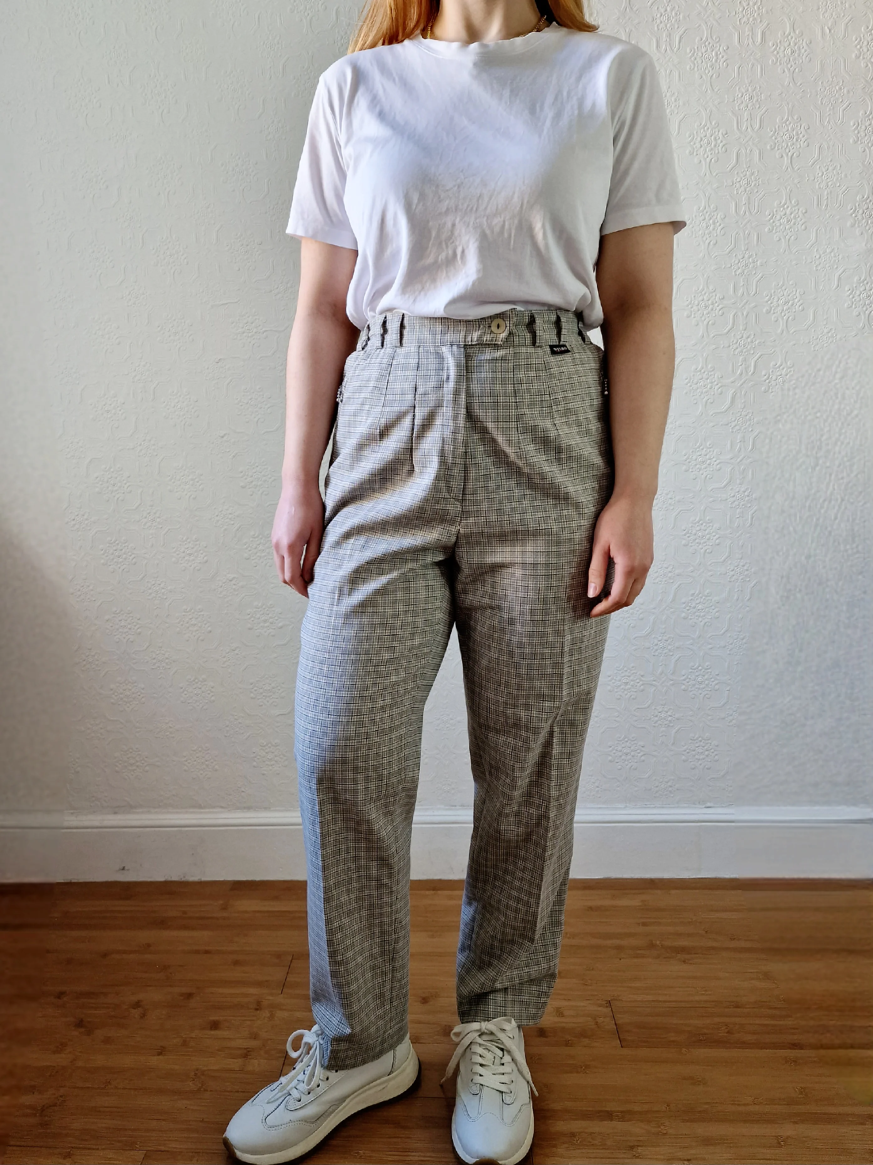 Vintage High Waisted Beige Check Straight Leg Trousers - S