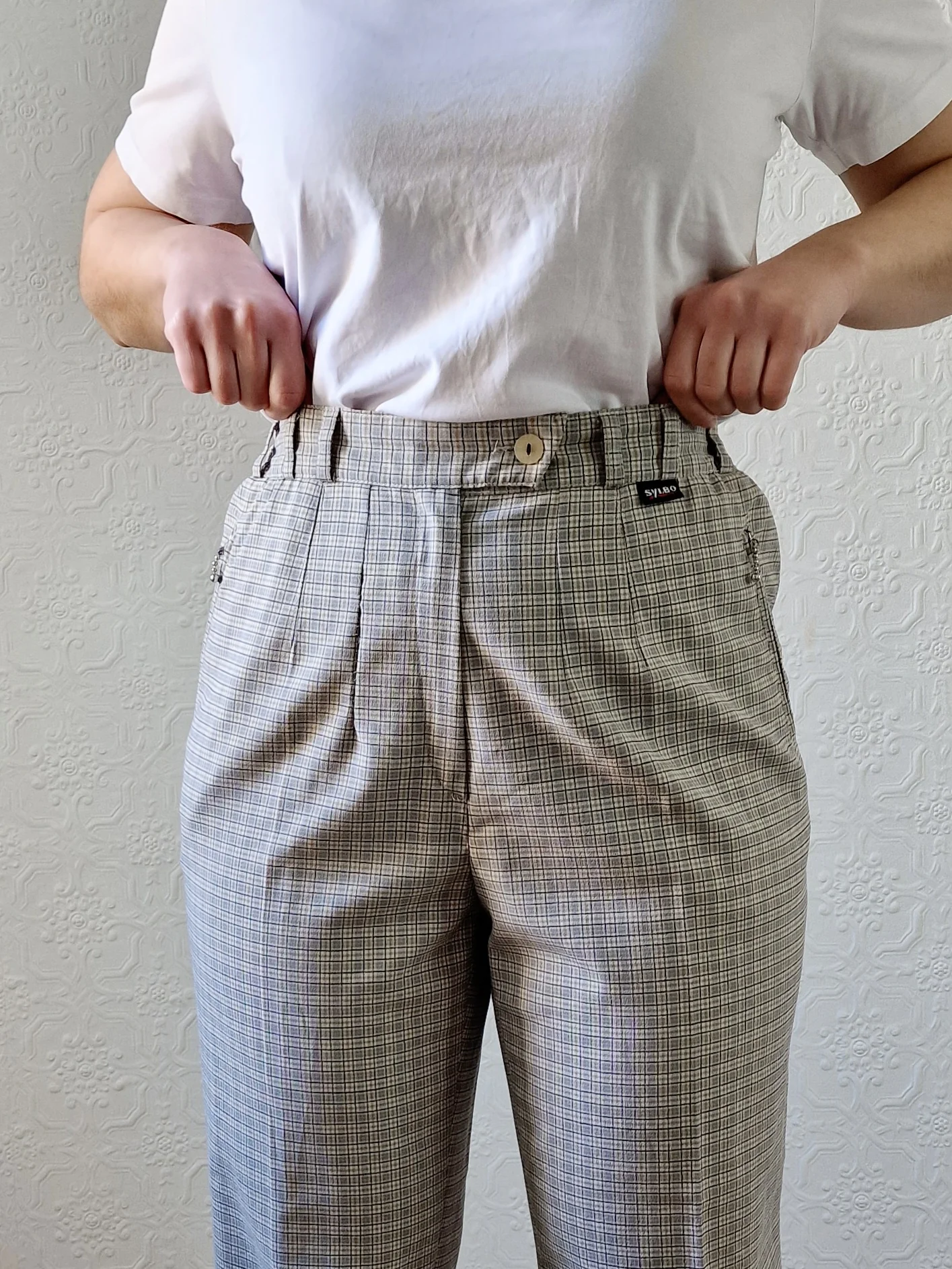 Vintage High Waisted Beige Check Straight Leg Trousers - S - Image 2