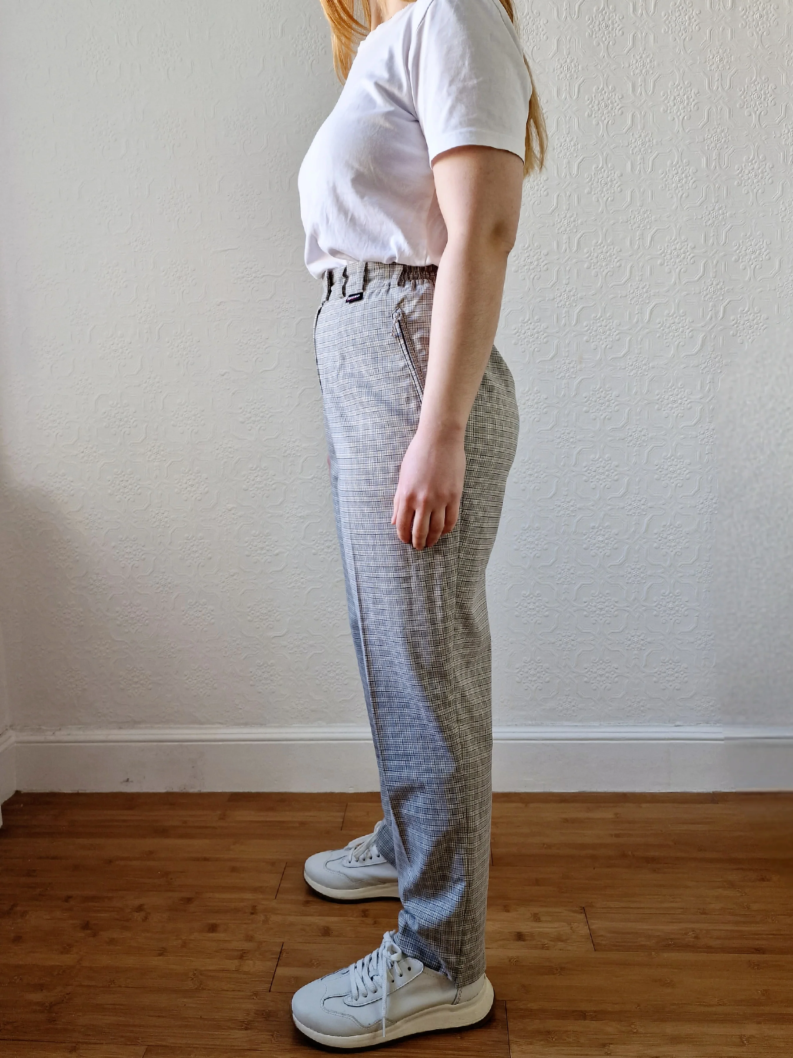 Vintage High Waisted Beige Check Straight Leg Trousers - S - Image 3