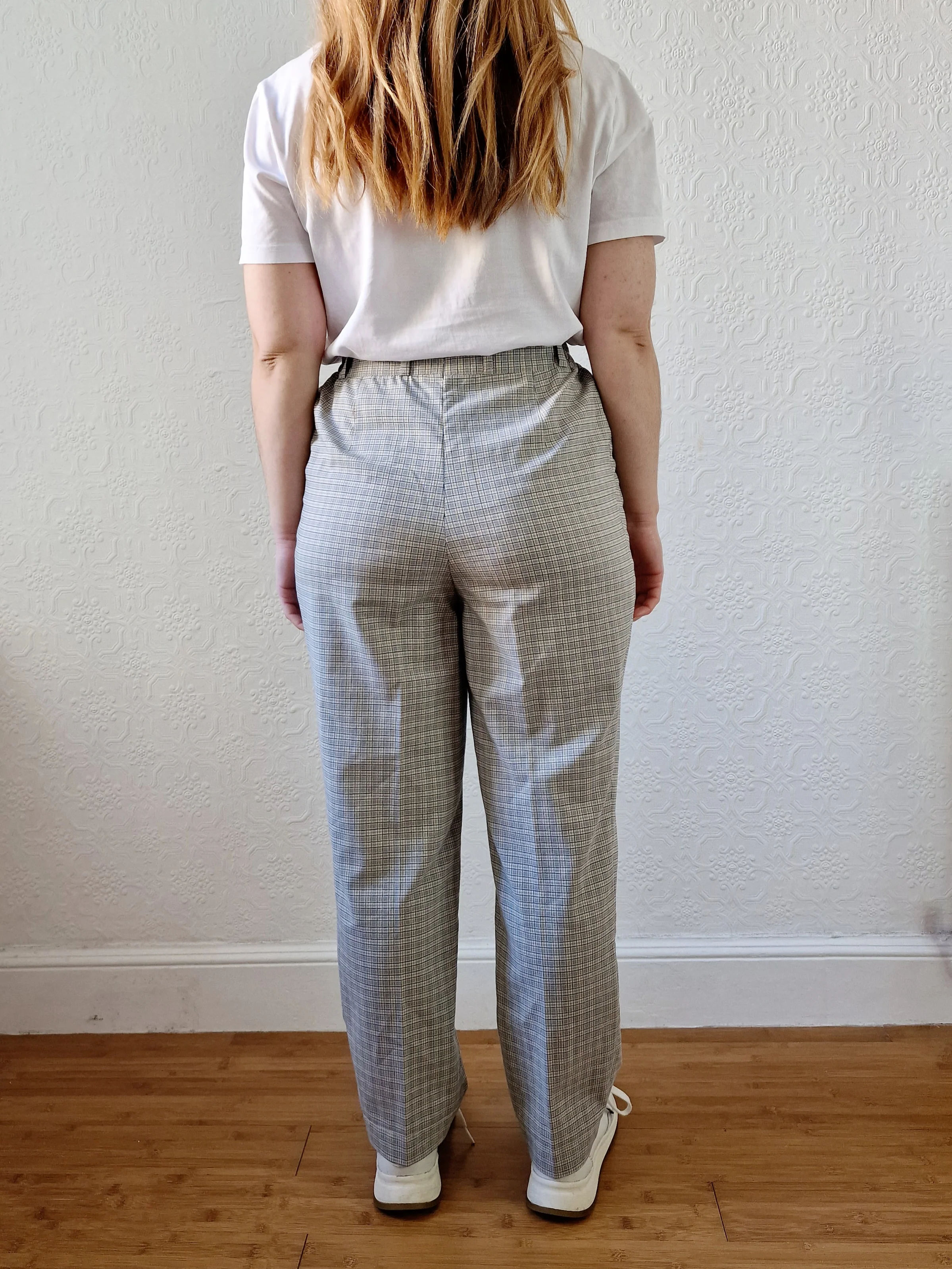 Vintage High Waisted Beige Check Straight Leg Trousers - S - Image 4