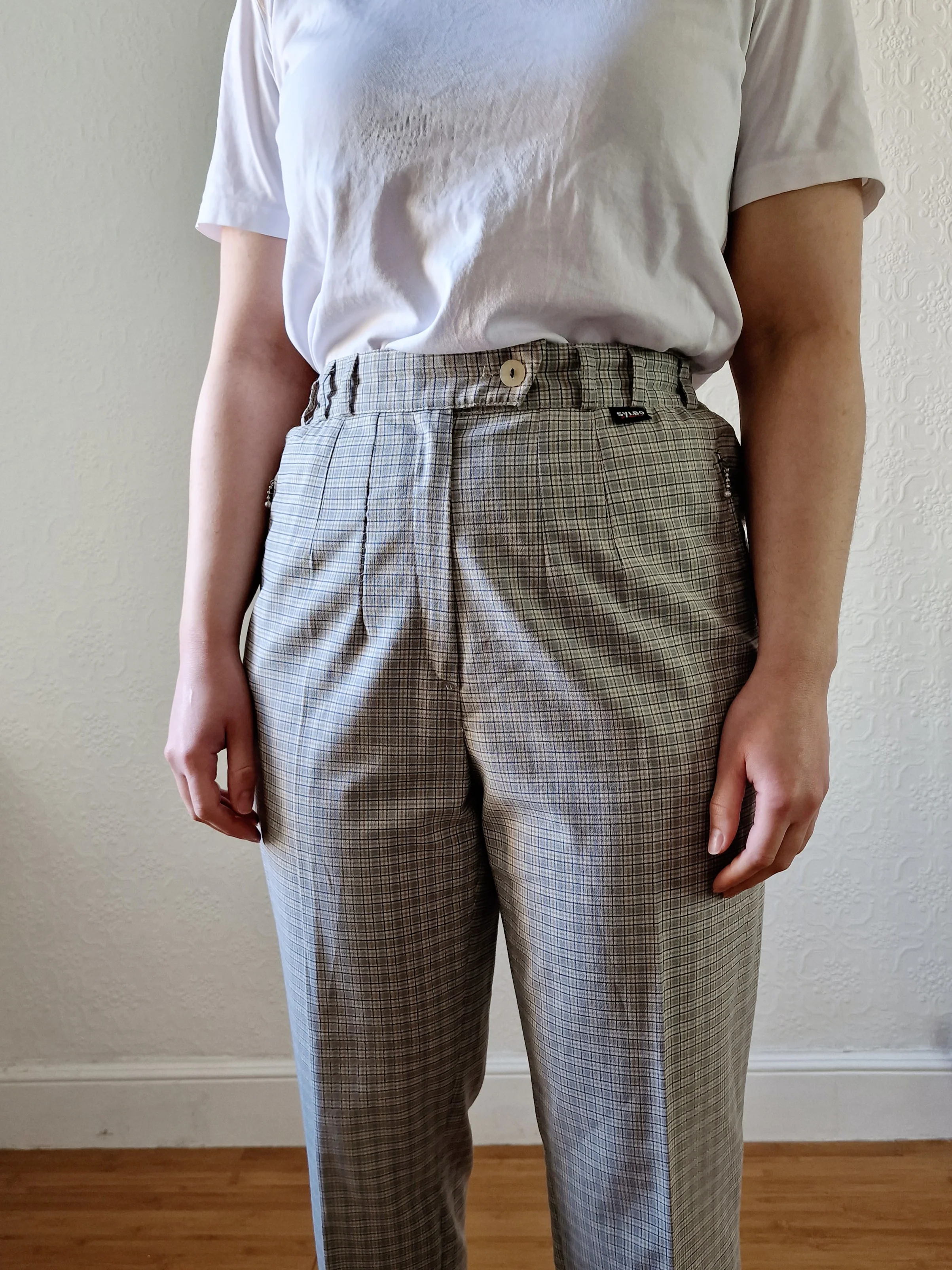 Vintage High Waisted Beige Check Straight Leg Trousers - S - Image 5