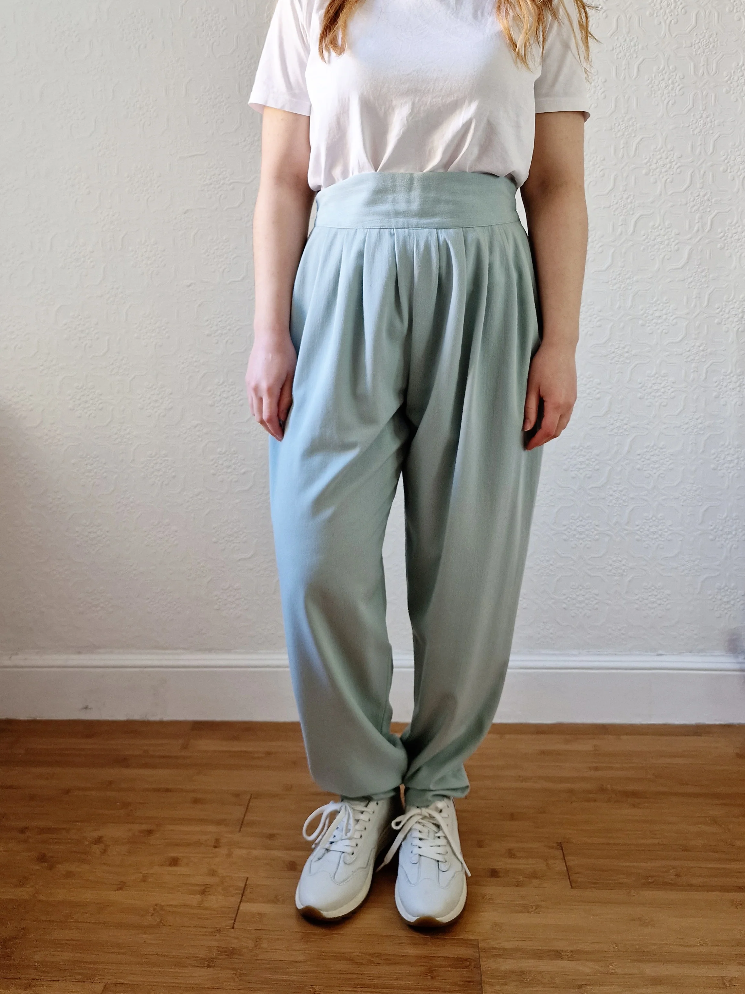 Vintage Duck Egg Blue High Waisted Pleated Straight Leg Trousers - L - Image 2