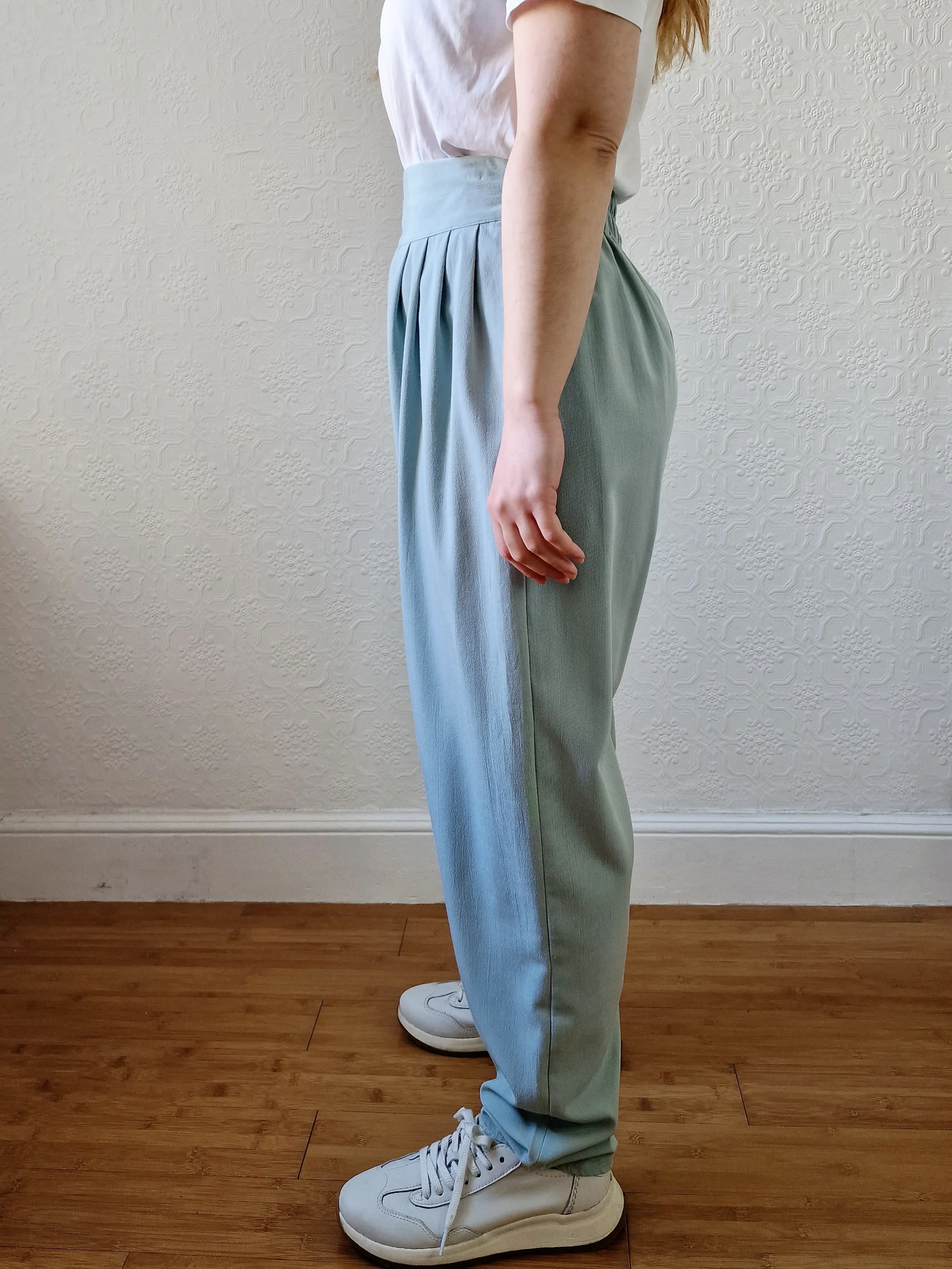 Vintage Duck Egg Blue High Waisted Pleated Straight Leg Trousers - L - Image 3