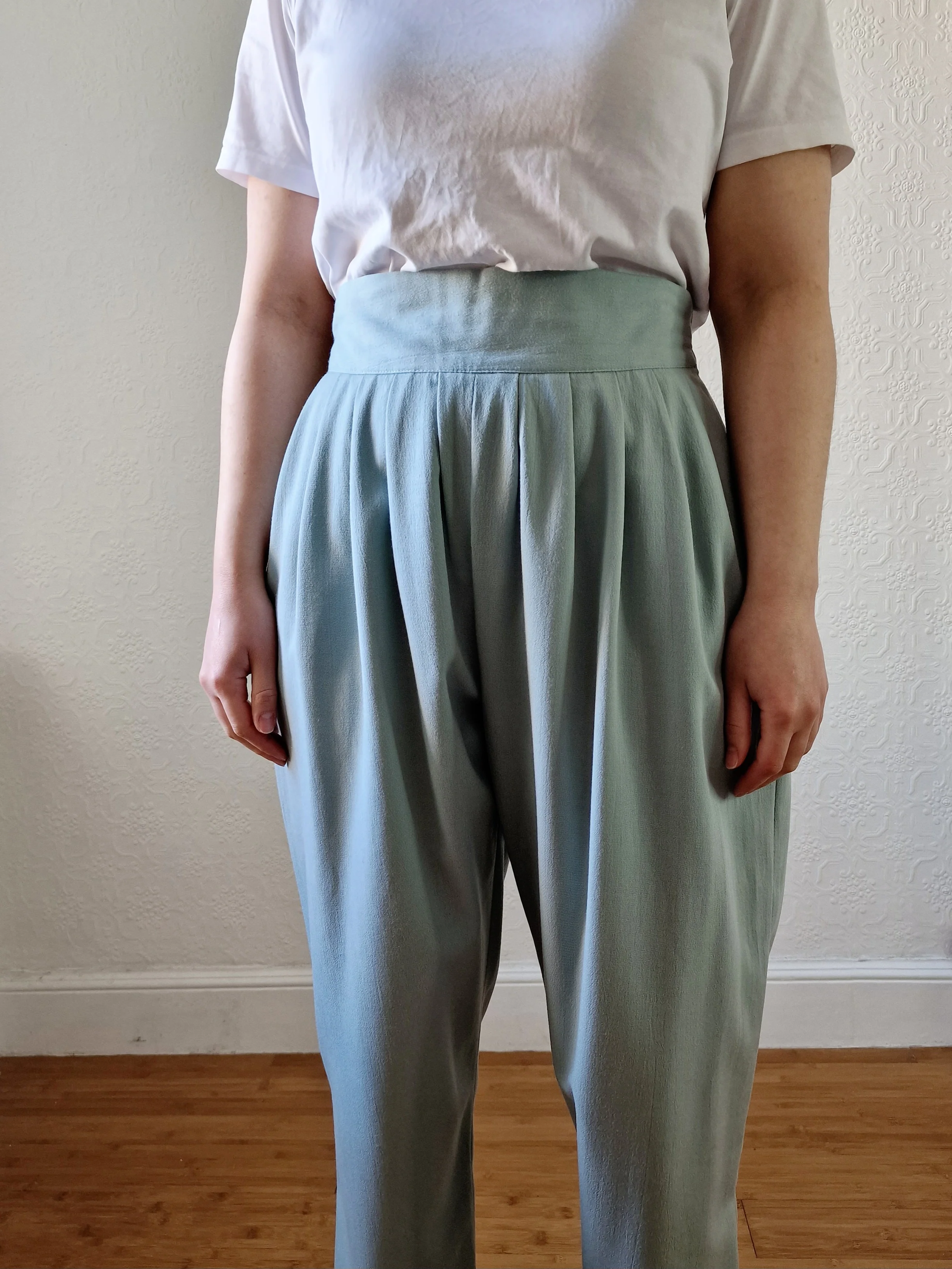 Vintage Duck Egg Blue High Waisted Pleated Straight Leg Trousers - L - Image 5
