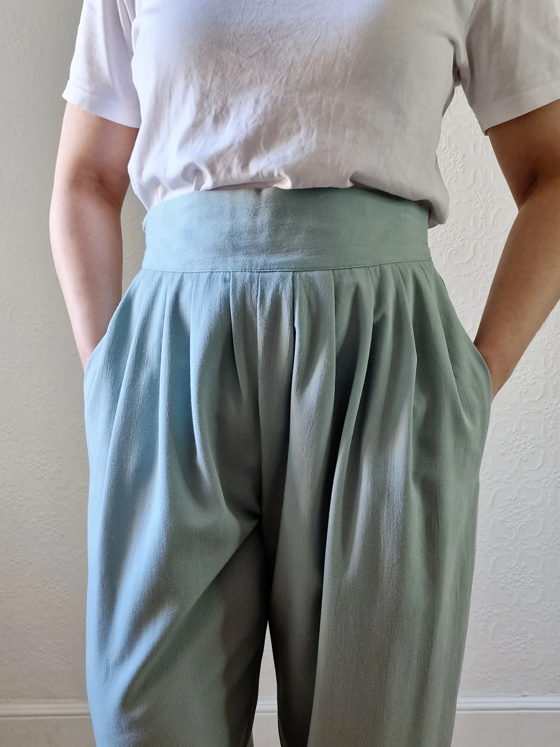 Vintage Duck Egg Blue High Waisted Pleated Straight Leg Trousers - L - Image 6
