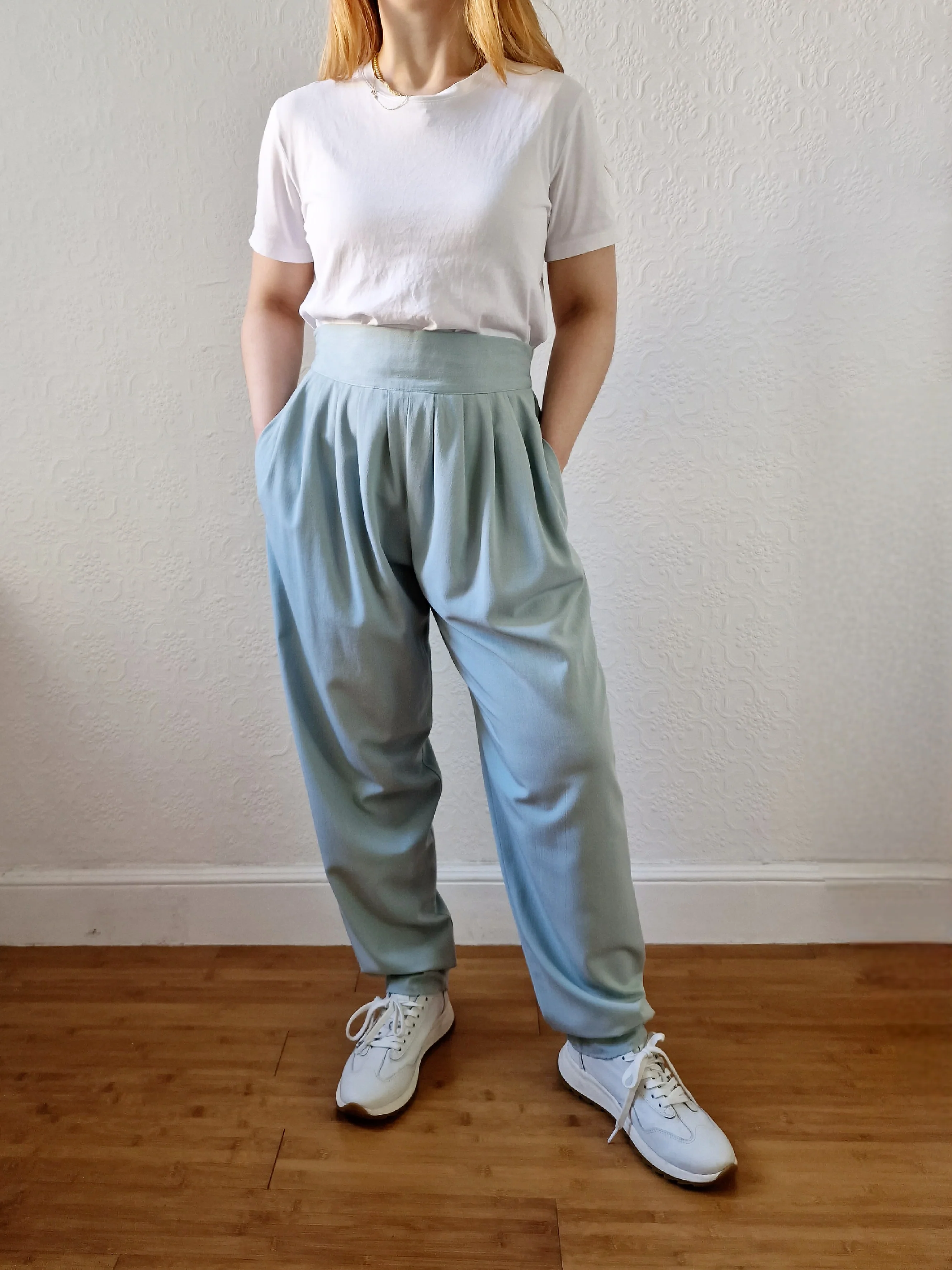Vintage Duck Egg Blue High Waisted Pleated Straight Leg Trousers - L - Image 7