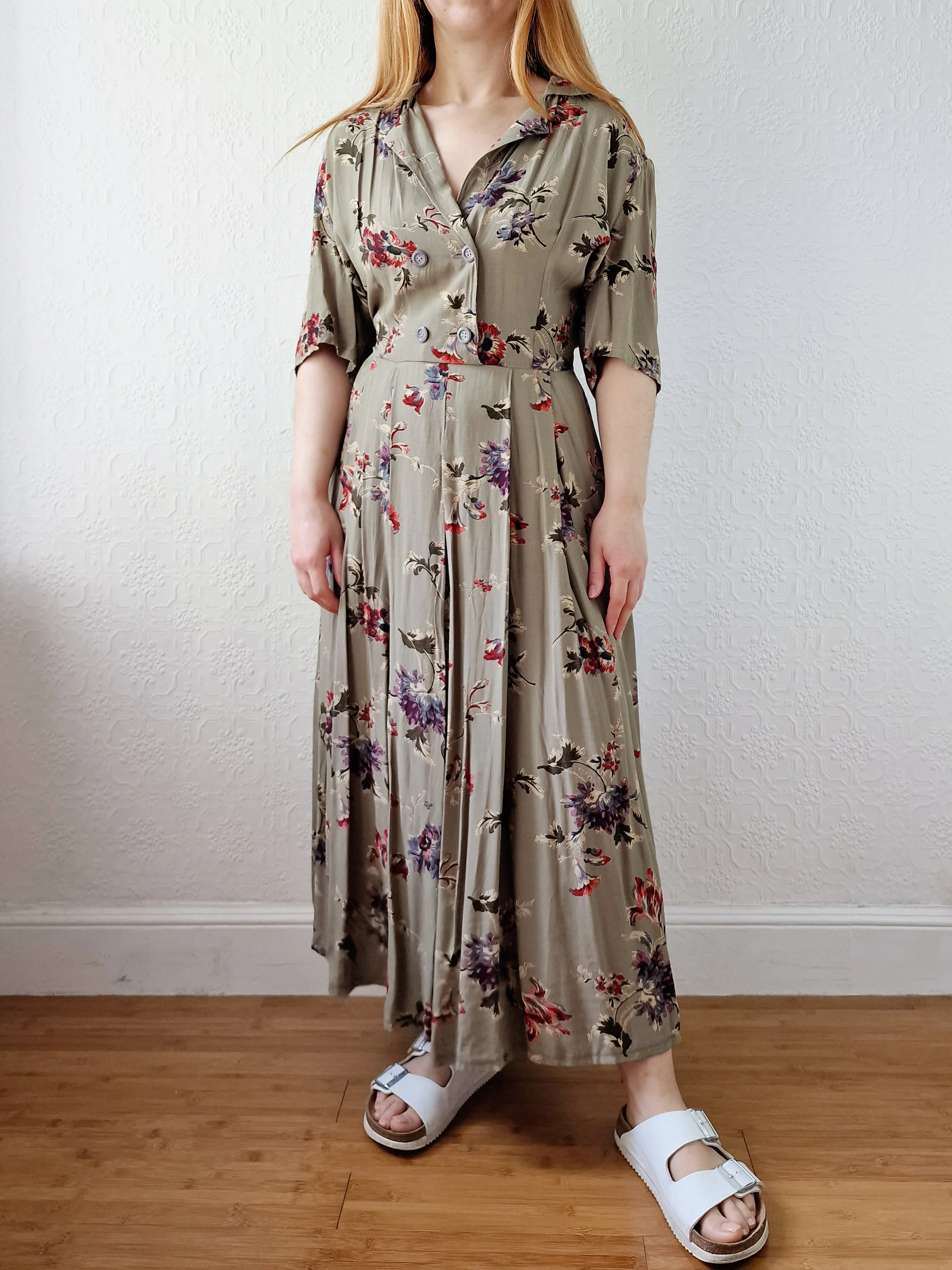 Vintage Khaki Green Short Sleeve Floral Shift Dress - L