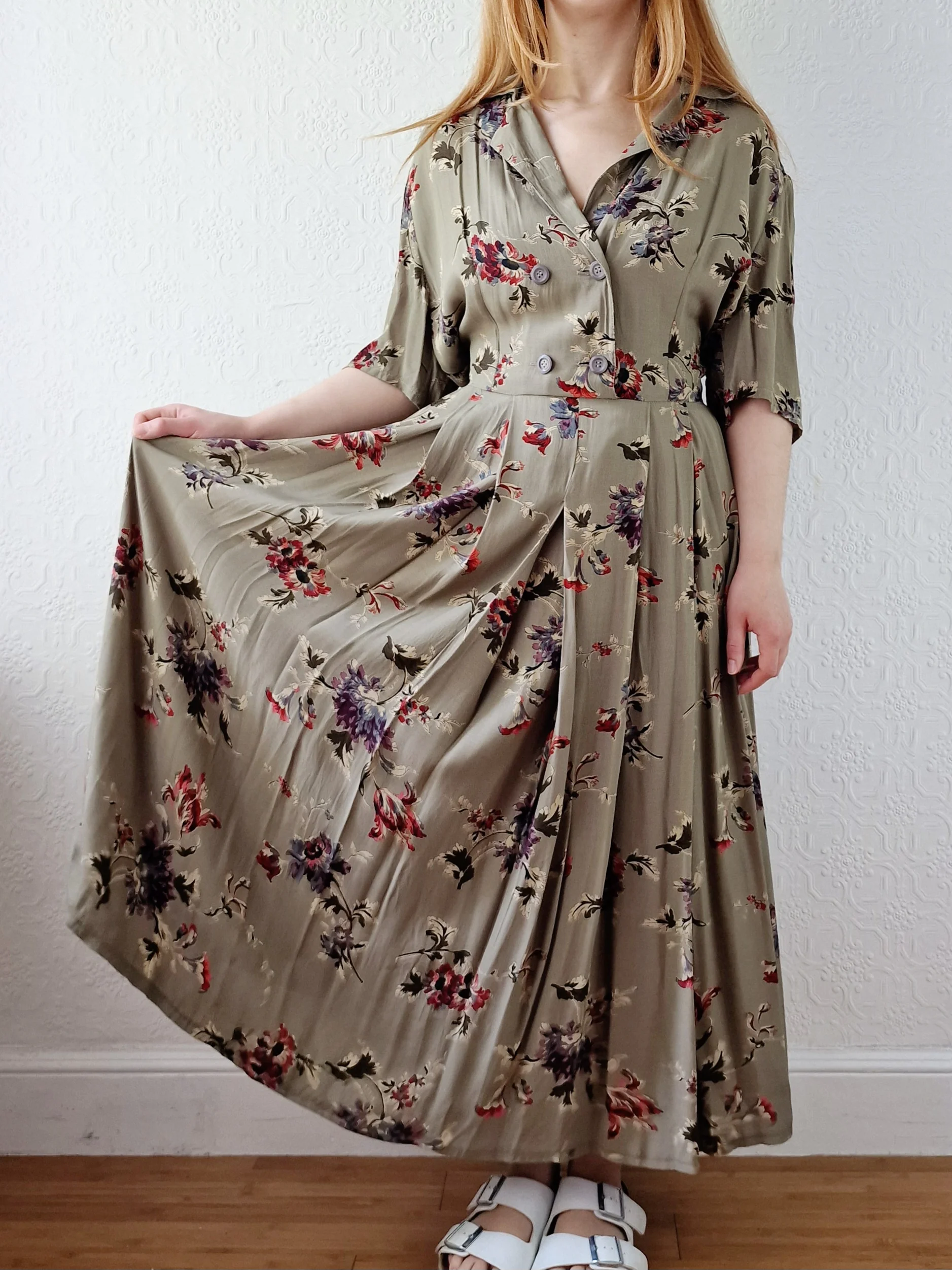 Vintage Khaki Green Short Sleeve Floral Shift Dress - L - Image 2