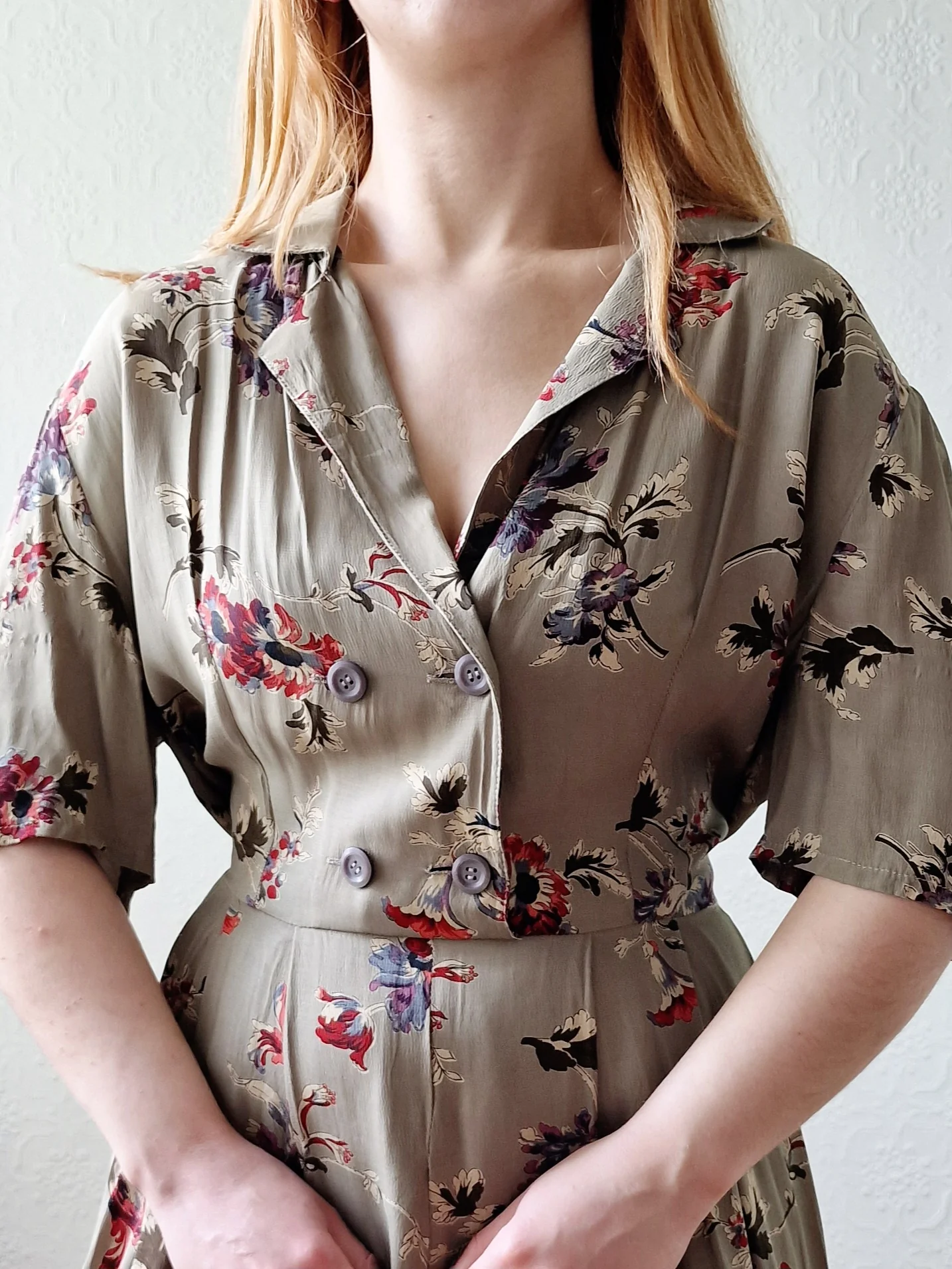Vintage Khaki Green Short Sleeve Floral Shift Dress - L - Image 3